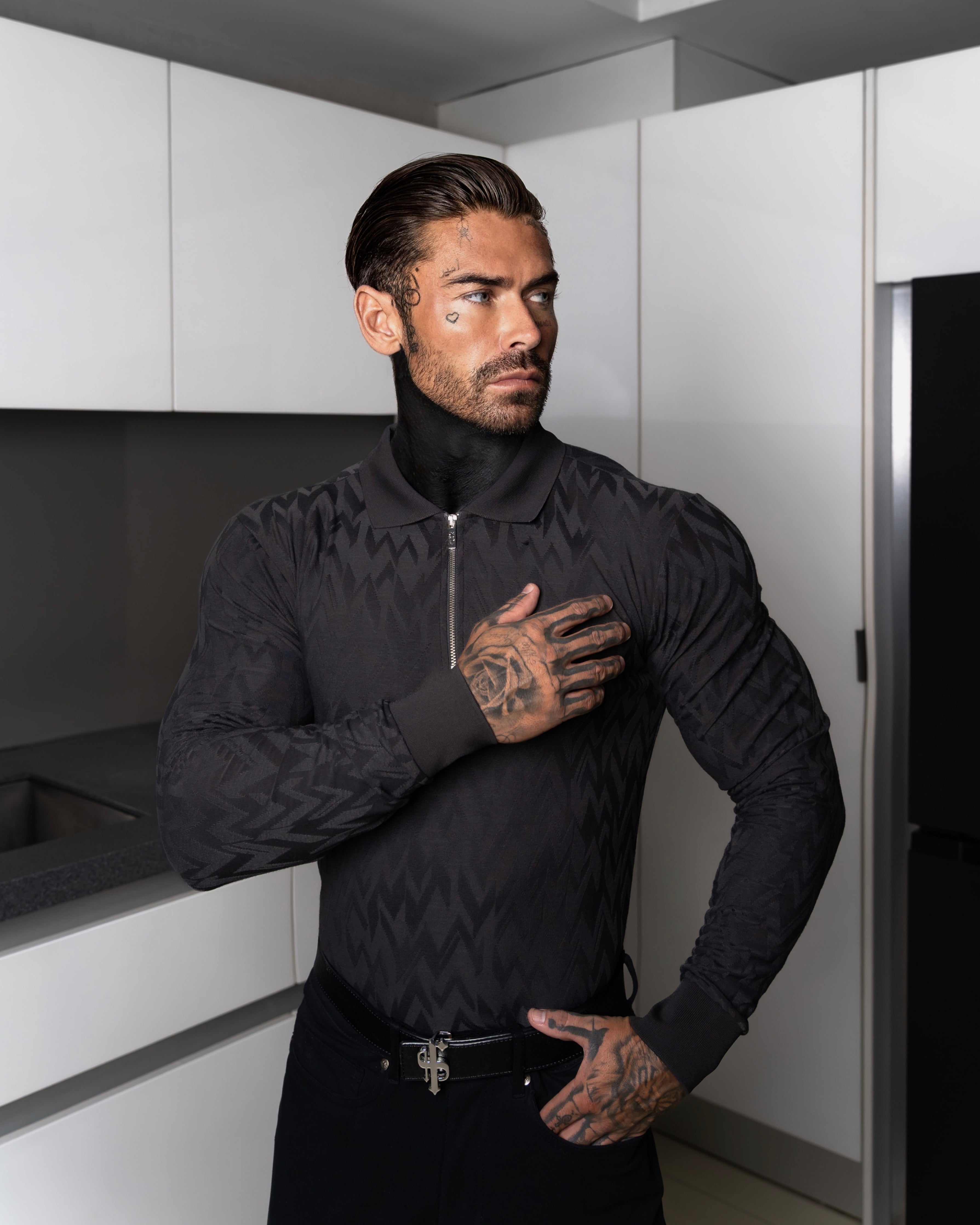 Classic Jacquard Charcoal Chevron Zipped Polo Long Sleeve - FSR044