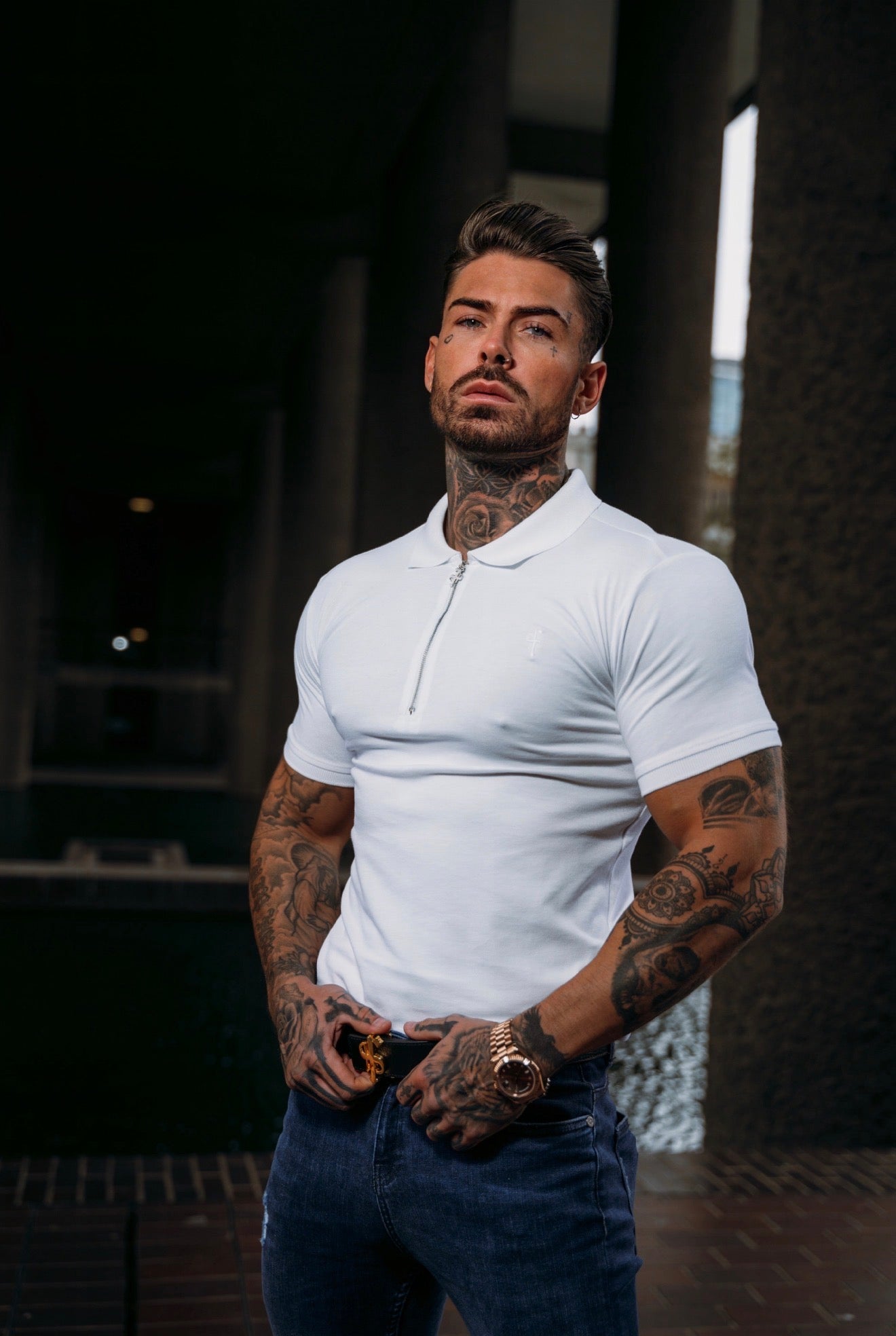 Classic White and Silver Zipped Polo Shirt - FSH1527