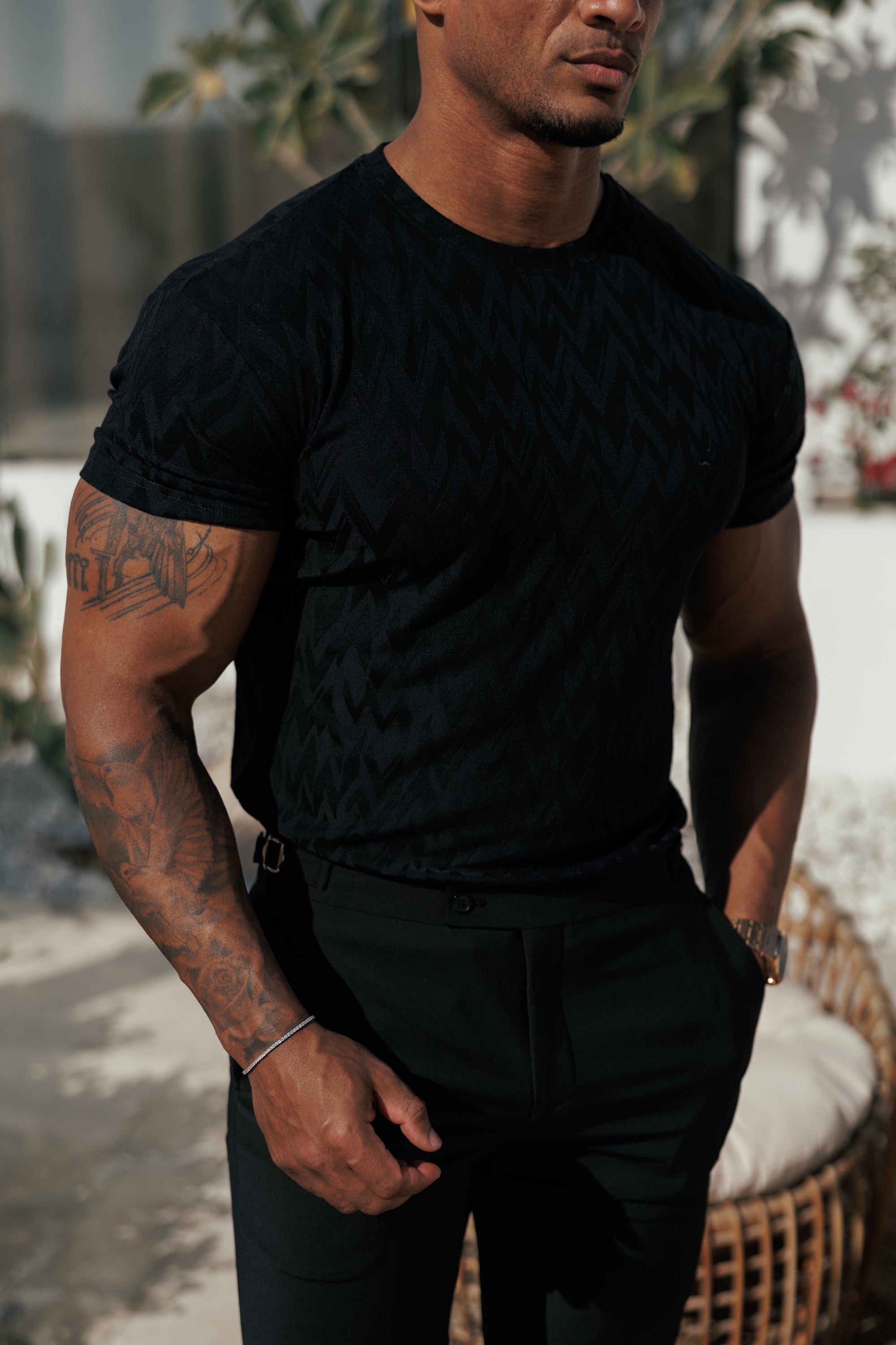 Regular Fit Jacquard Black Chevron T-Shirt - FSR046 (PRE ORDER 15TH JUNE)