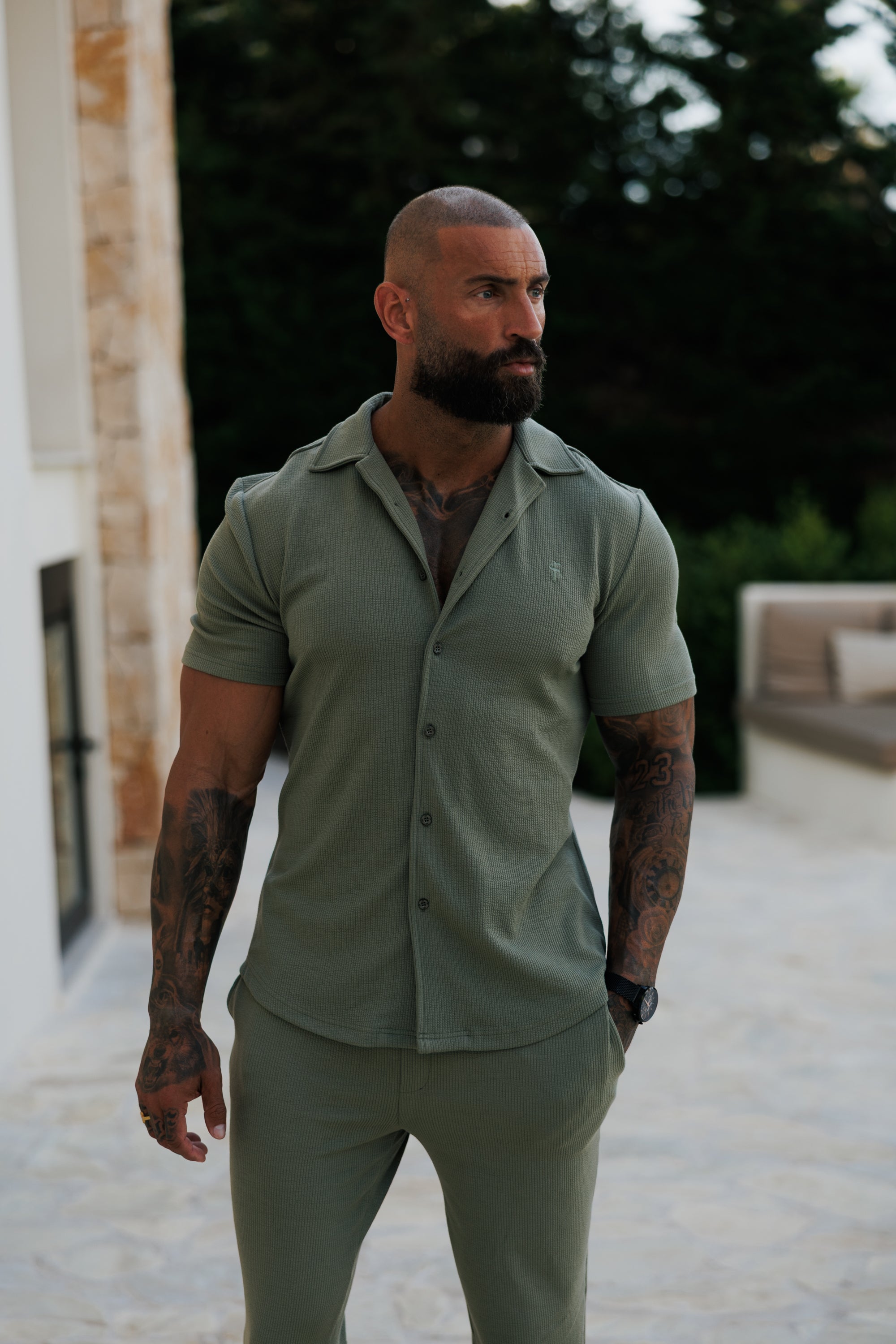 Jersey Cord Stretch Olive Revere Shirt Short Sleeve - FSR072 (PRE ORDER 30TH JUNE)