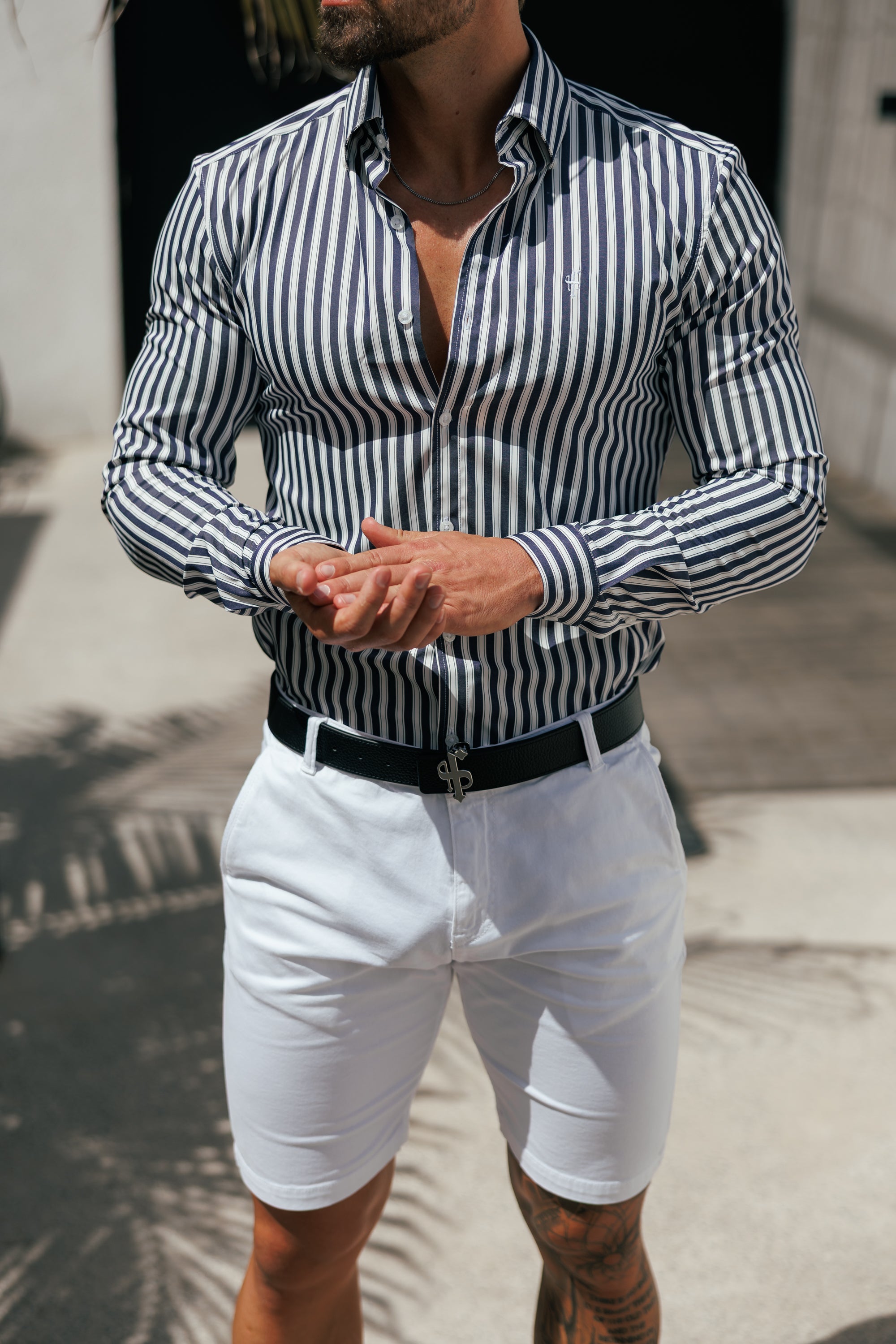 Super Slim Stretch Sateen Touch White / Navy Double Stripe Long Sleeve - FS1287 (PRE ORDER 28TH AUGUST)