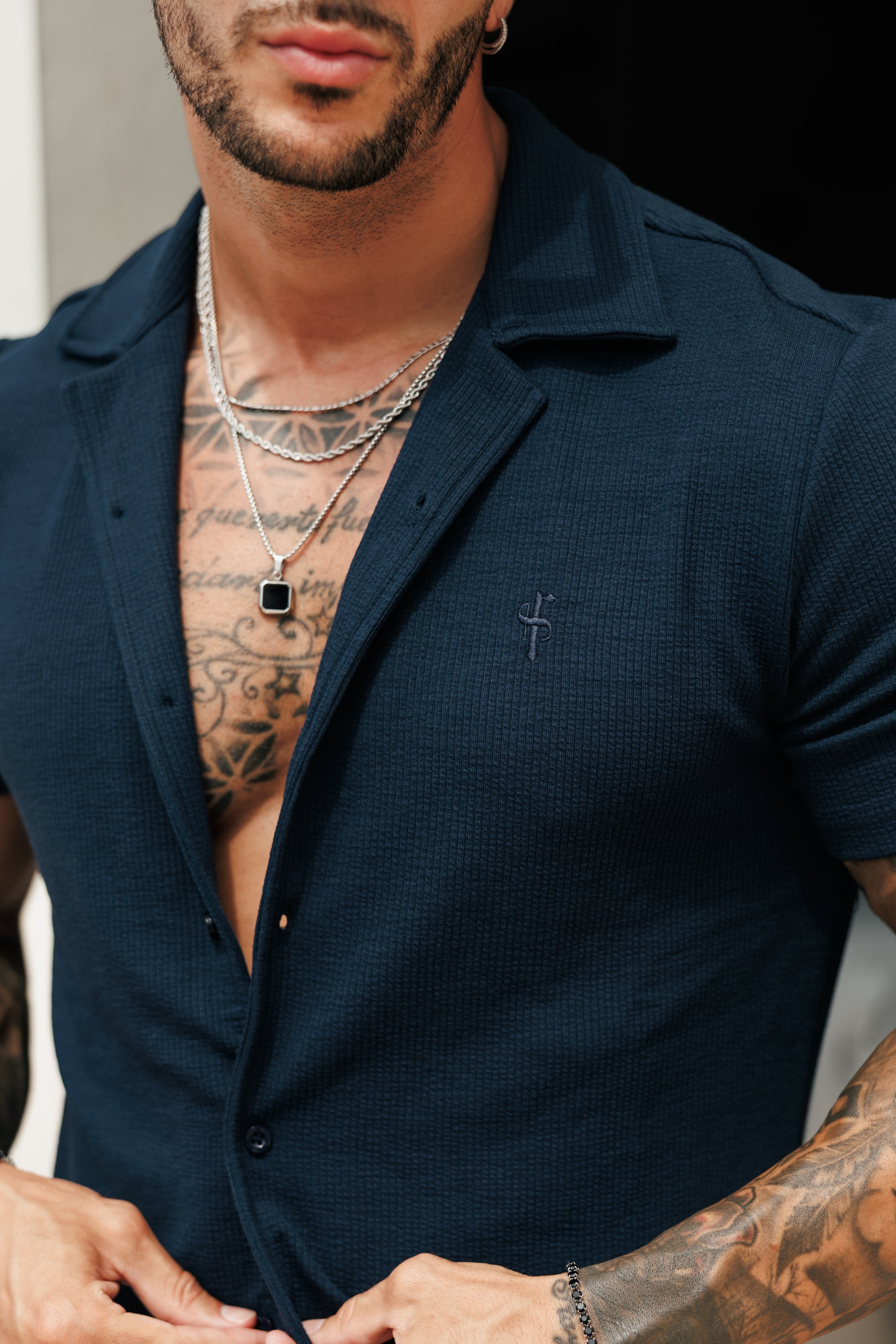Jersey Cord Stretch Navy Revere Shirt Short Sleeve - FSR071 (PRE ORDER 18TH JULY)
