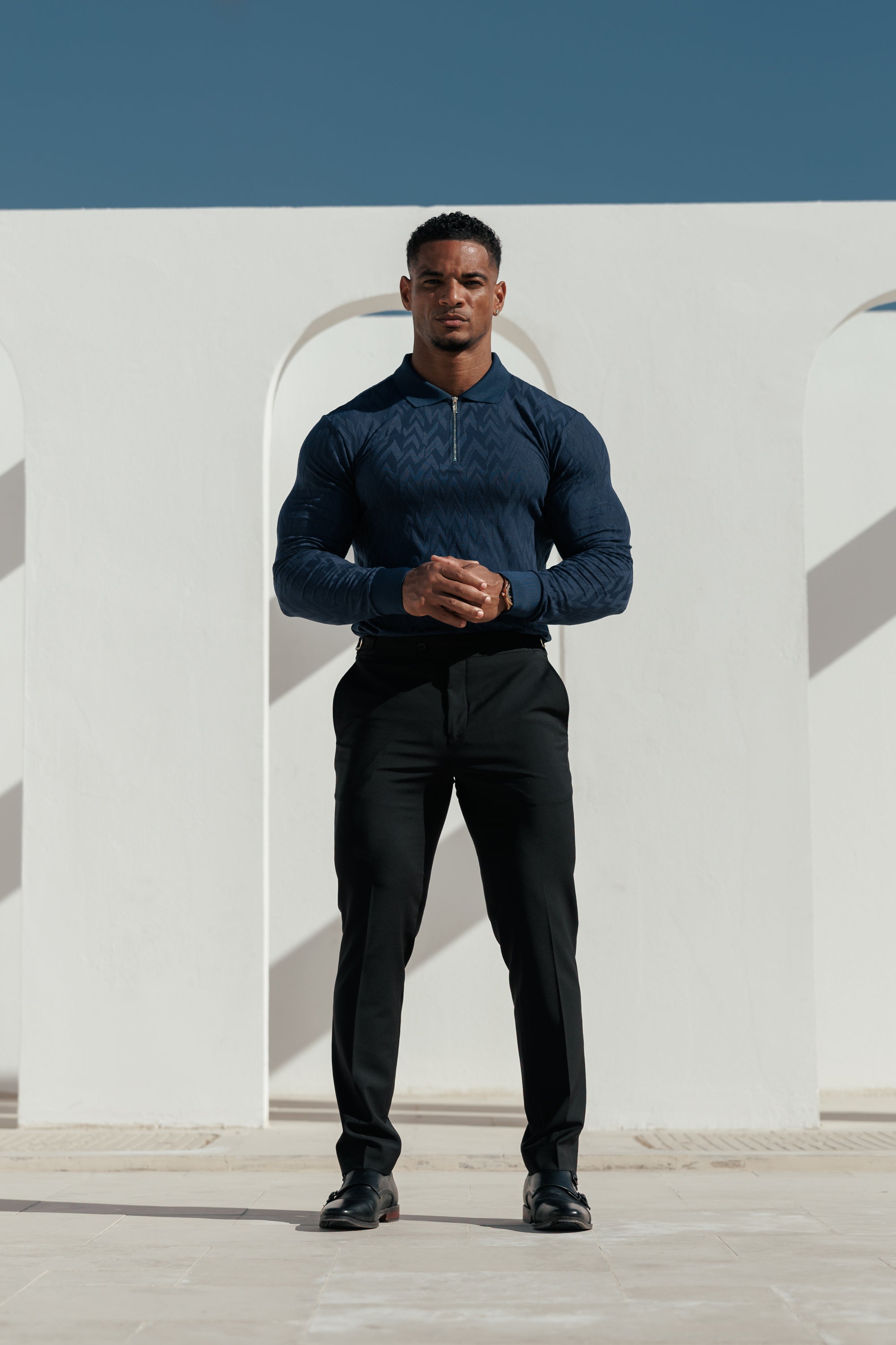 Classic Jacquard Navy Chevron Zipped Polo Long Sleeve - FSR045