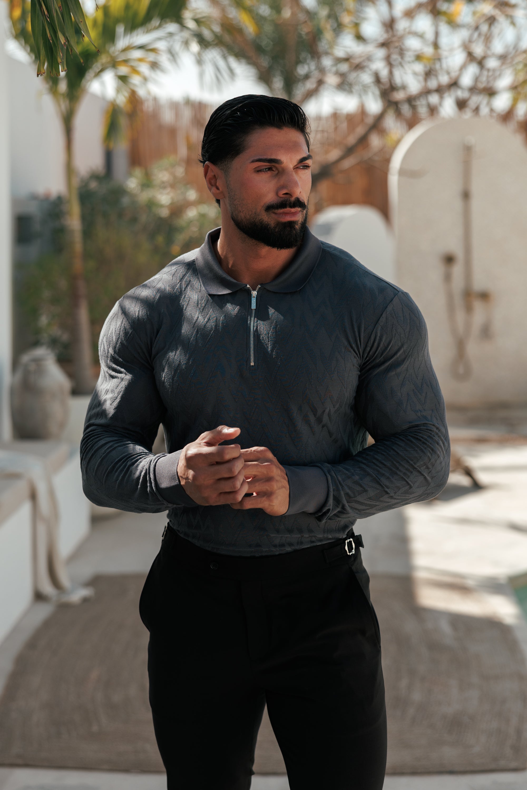 Classic Jacquard Charcoal Chevron Zipped Polo Long Sleeve - FSR044