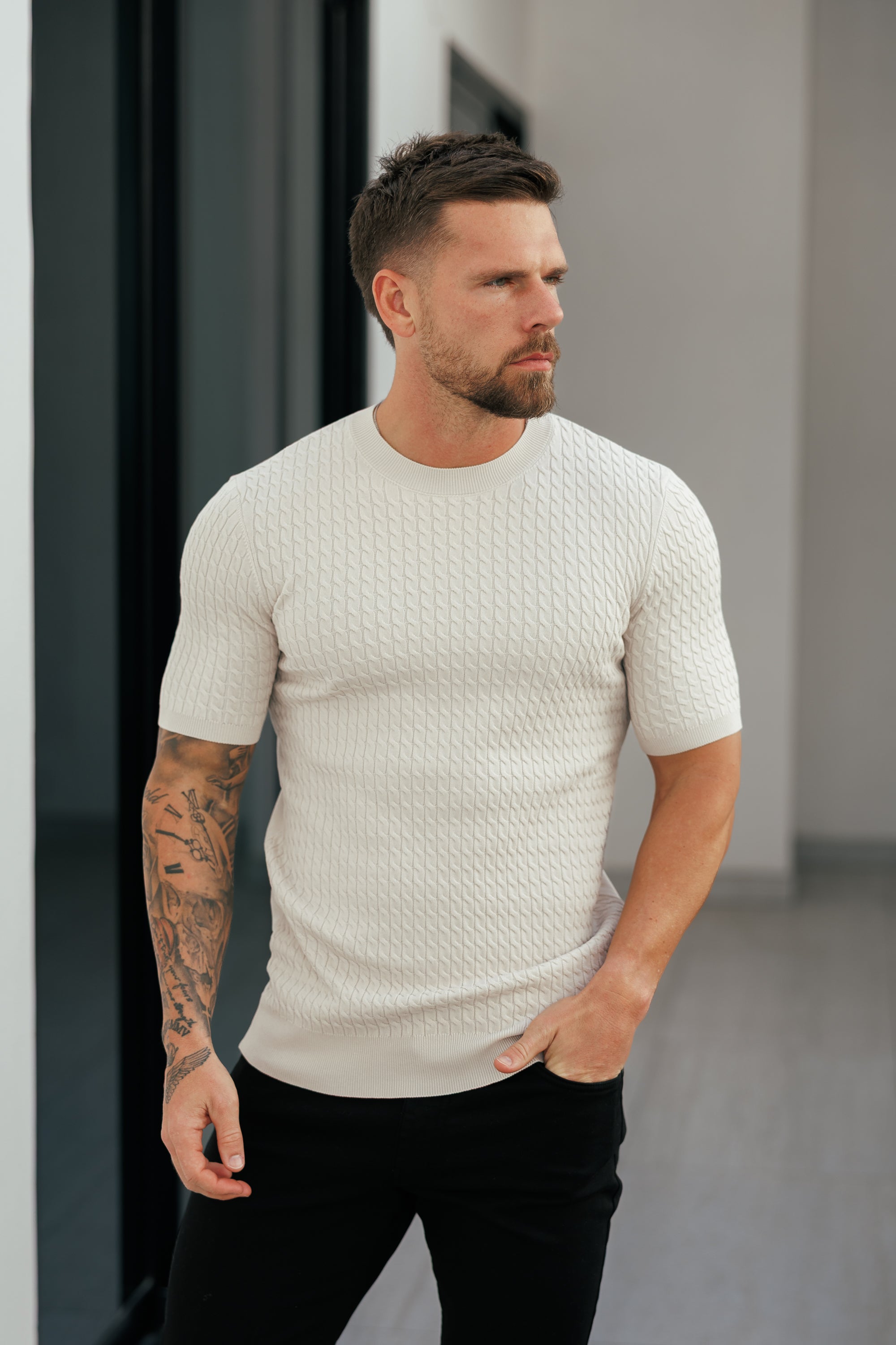Front Chain Knit Crew Tshirt Cream Short Sleeve - FSR057