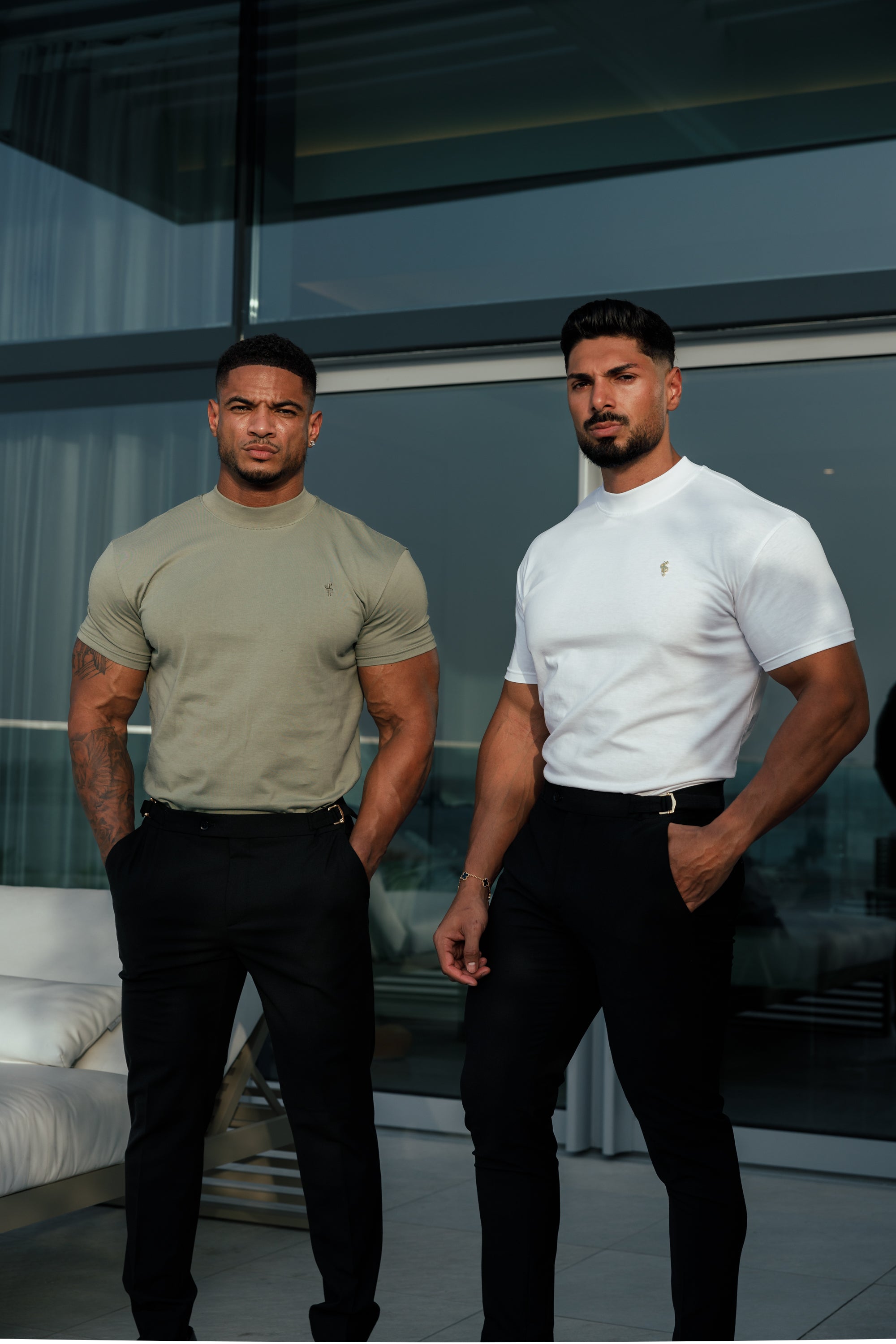 Ribbed High Neck Crew Short Sleeve White / Gold - FSH1006