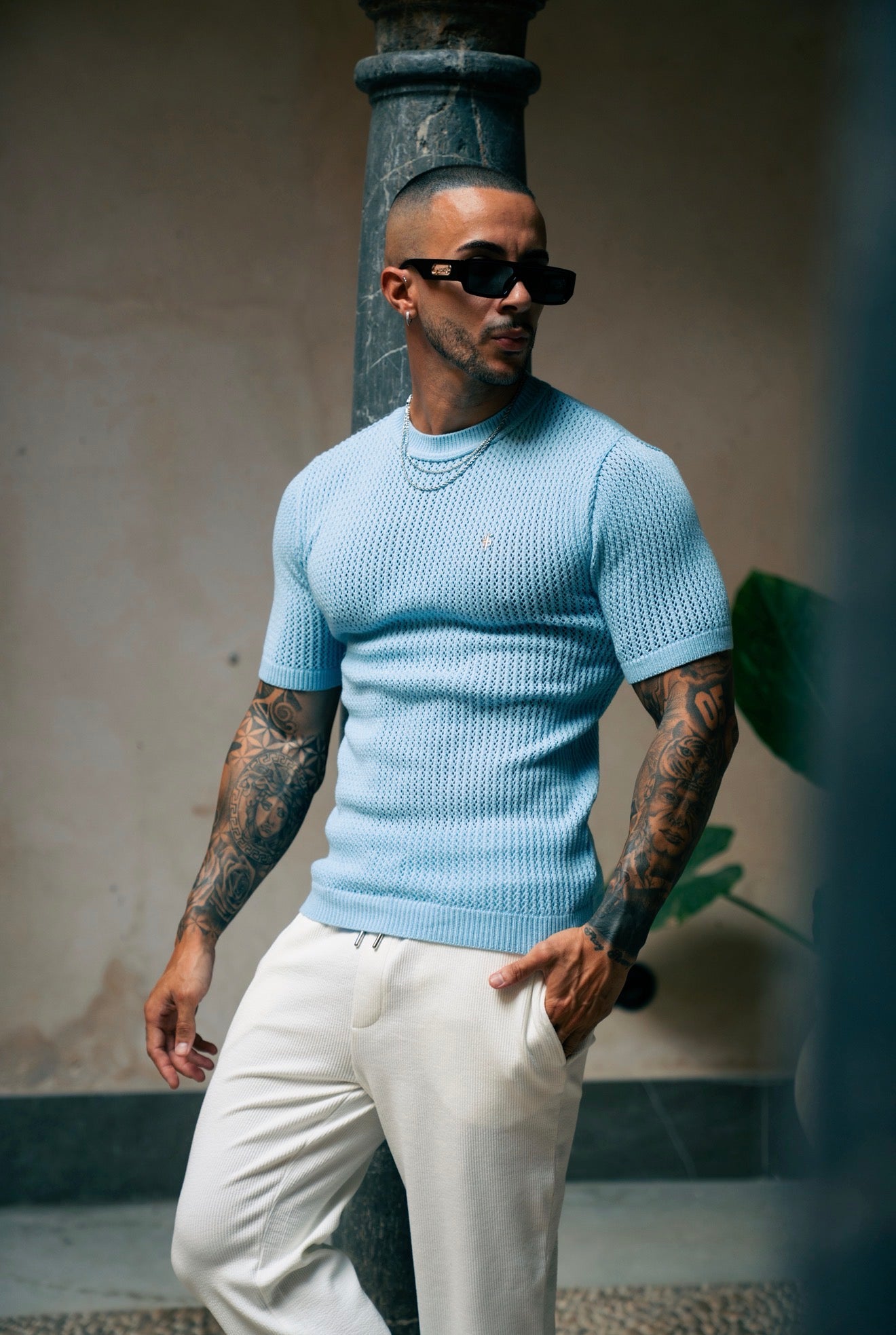 Light Blue Viscose Plain Knitted Short Sleeve T-Shirt - FSJ185 (PRE ORDER 12TH AUGUST)