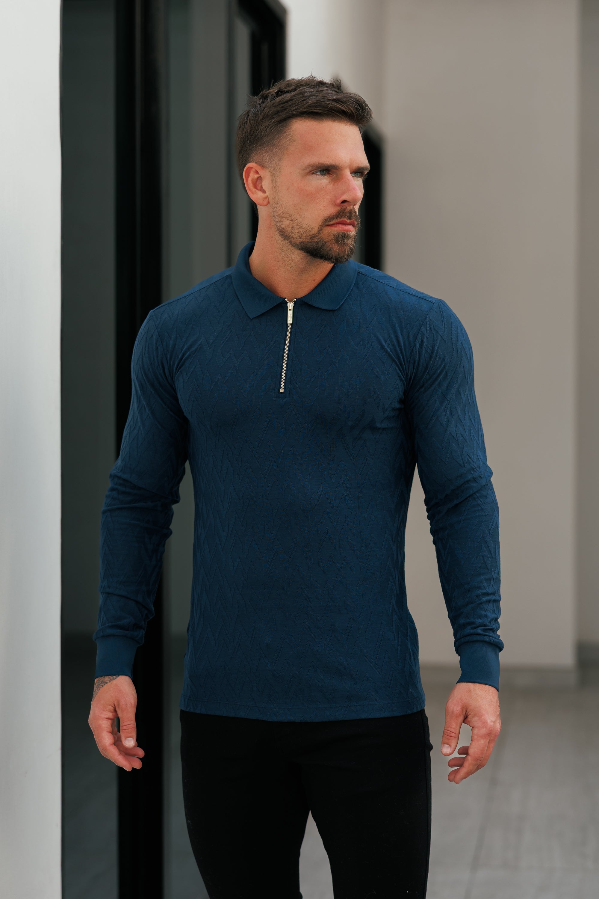 Classic Jacquard Navy Chevron Zipped Polo Long Sleeve - FSR045