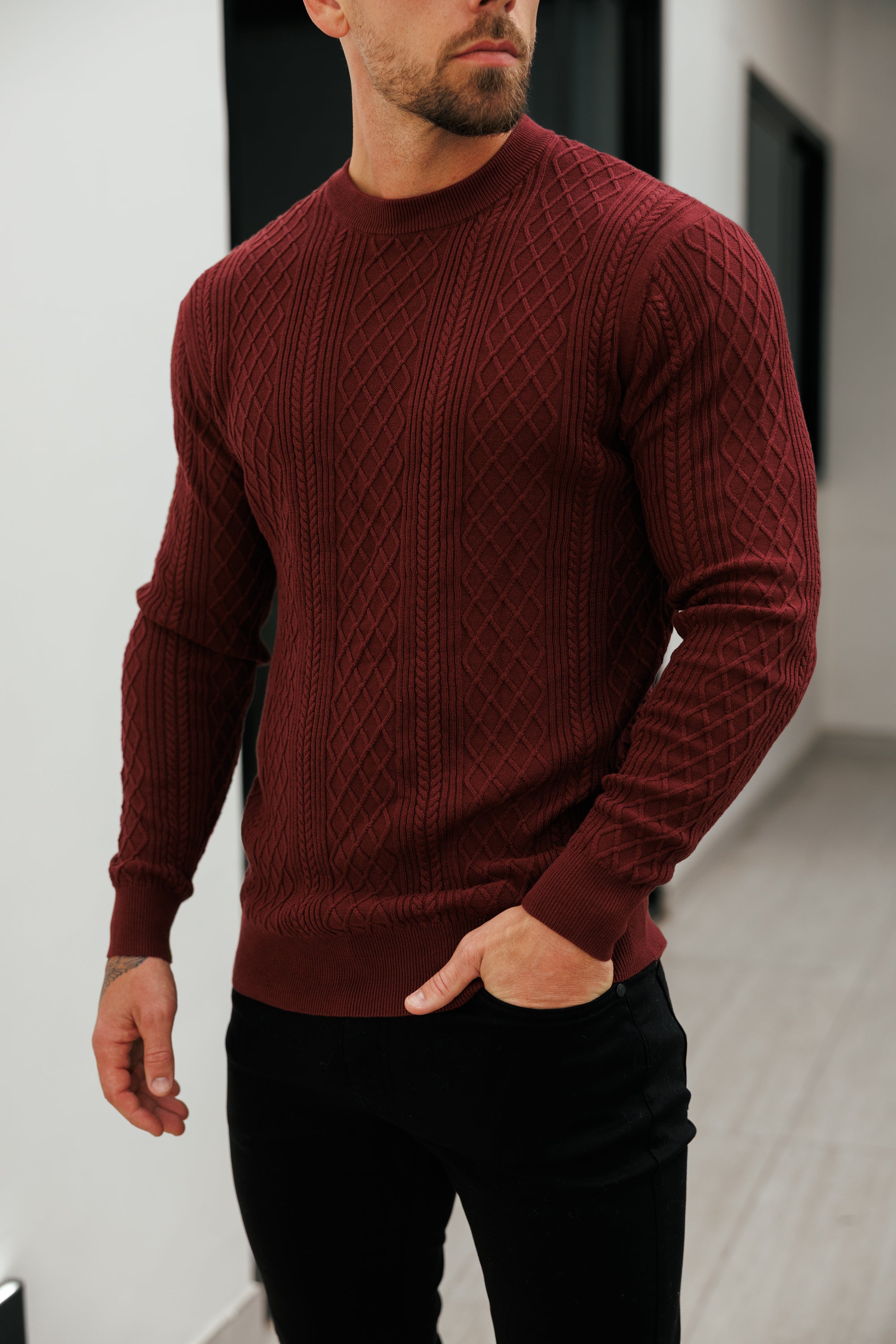 Fine Knit Diamond Burgundy Jumper Long Sleeve - FSA008