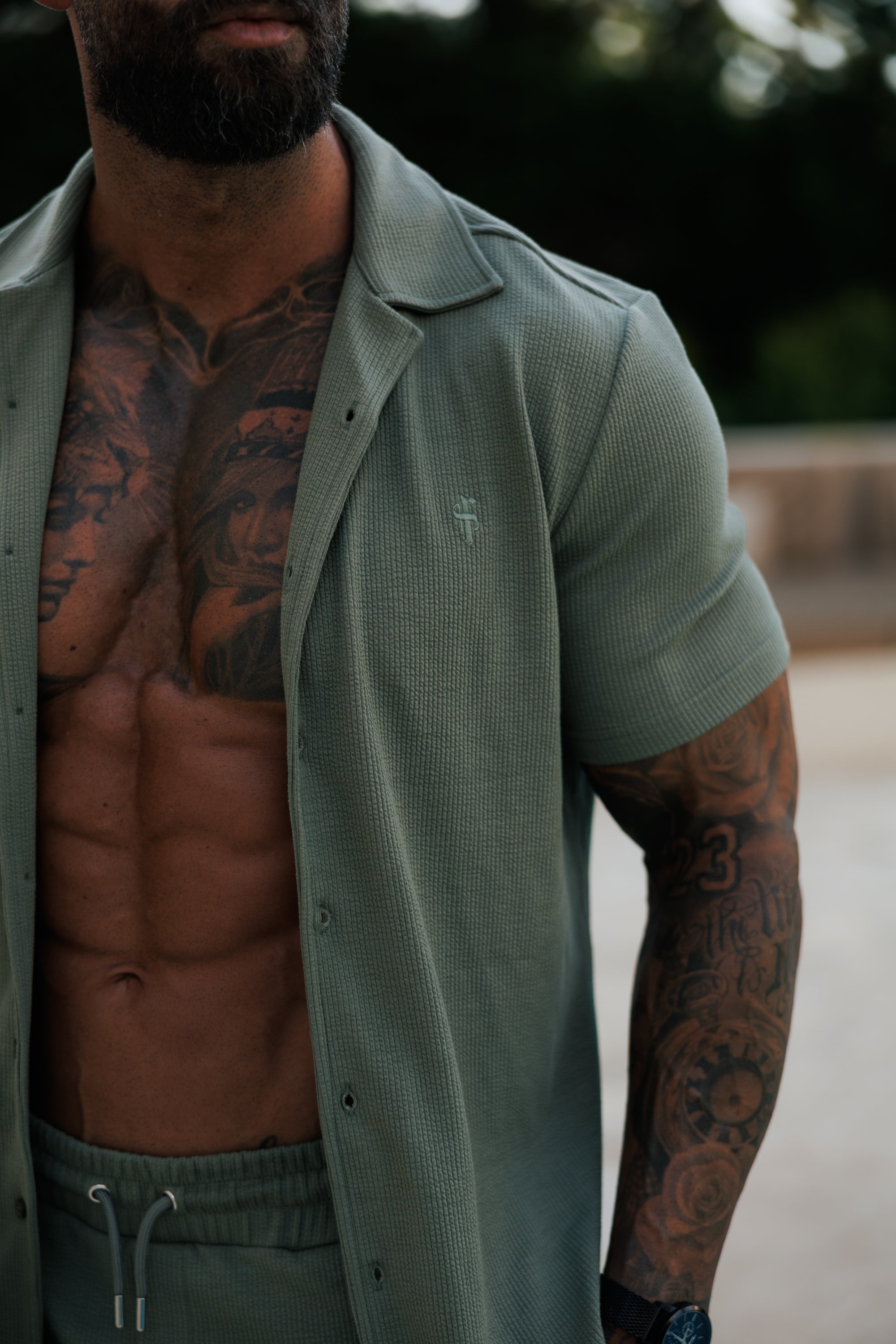 Jersey Cord Stretch Olive Revere Shirt Short Sleeve - FSR072 (PRE ORDER 30TH JUNE)
