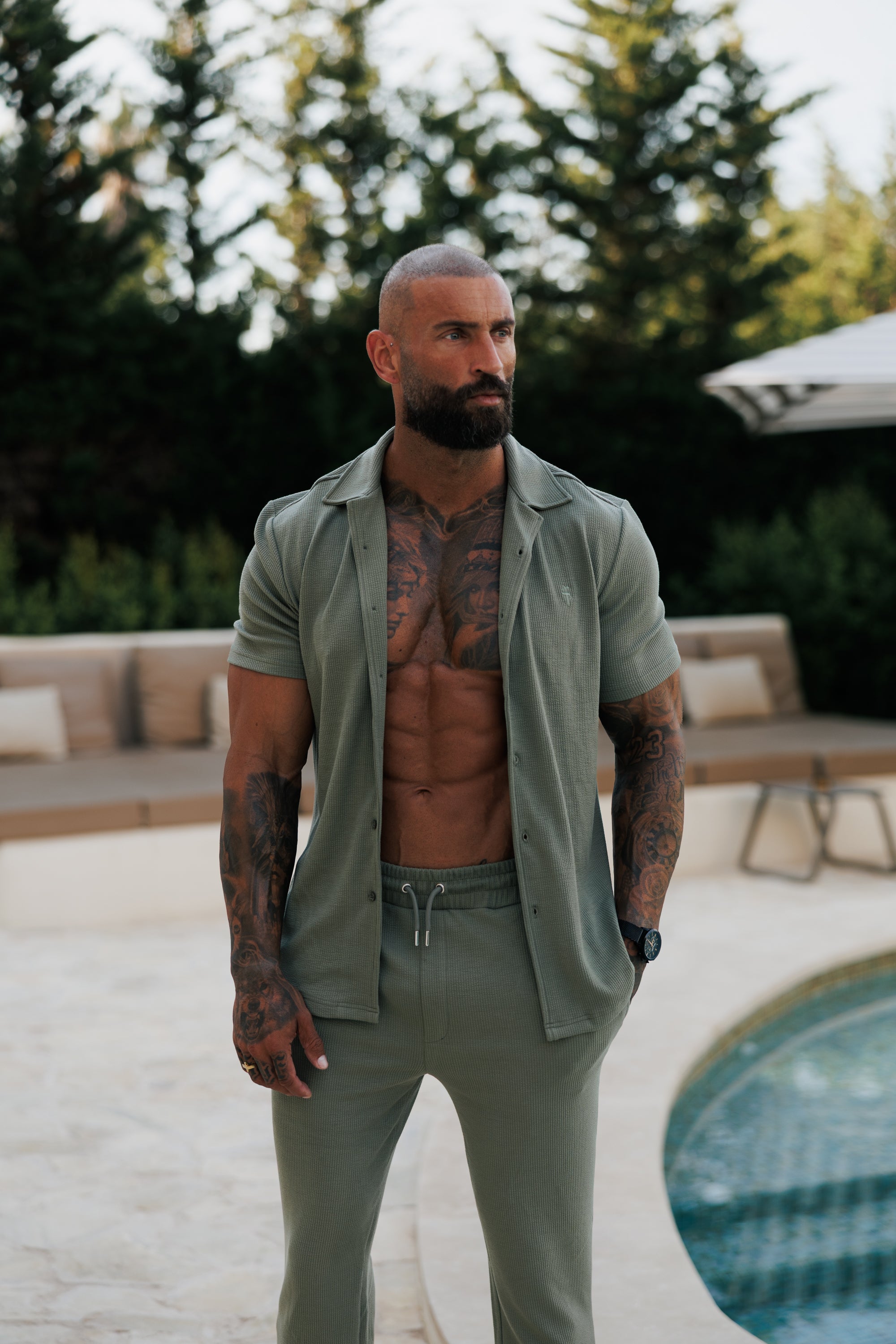 Jersey Cord Stretch Olive Revere Shirt Short Sleeve - FSR072 (PRE ORDER 30TH JUNE)