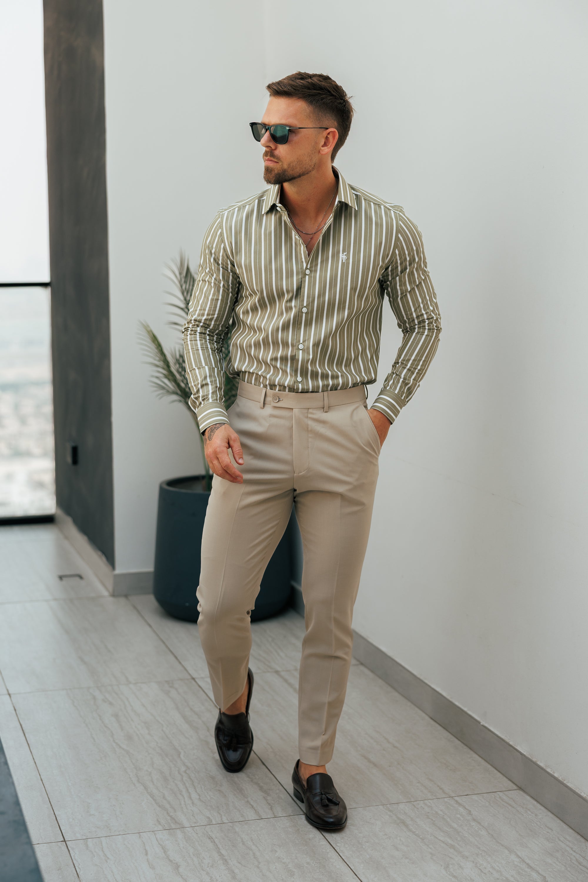Classic Sage Green / White Stripe Long Sleeve with Cutaway Collar - FS1176