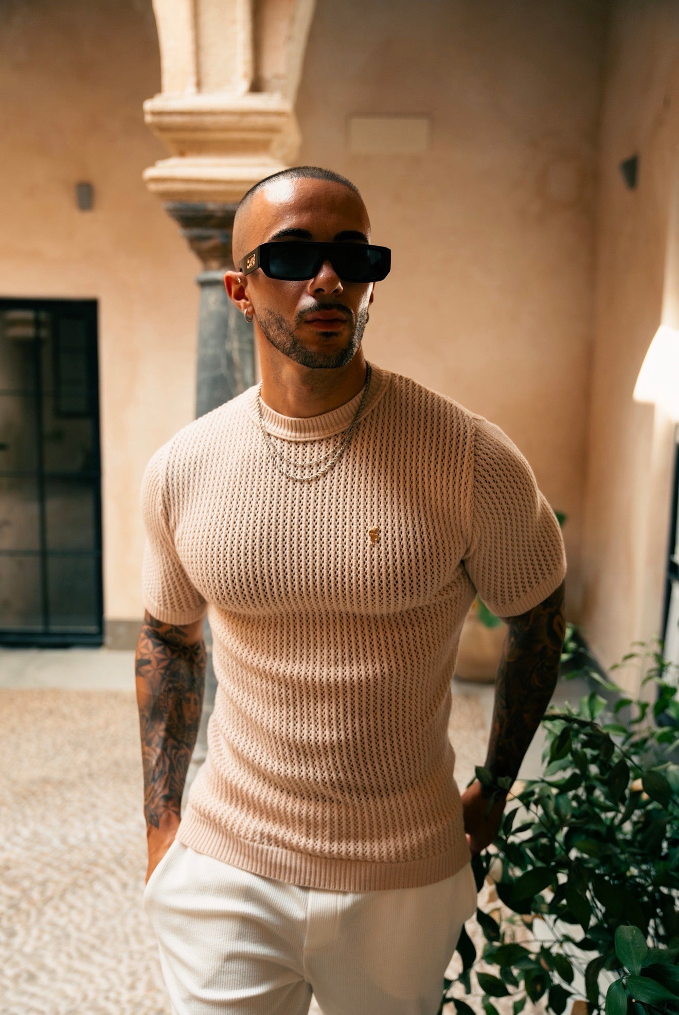 Beige Viscose Plain Knitted Short Sleeve T-Shirt - FSJ186 (PRE ORDER 12TH AUGUST)