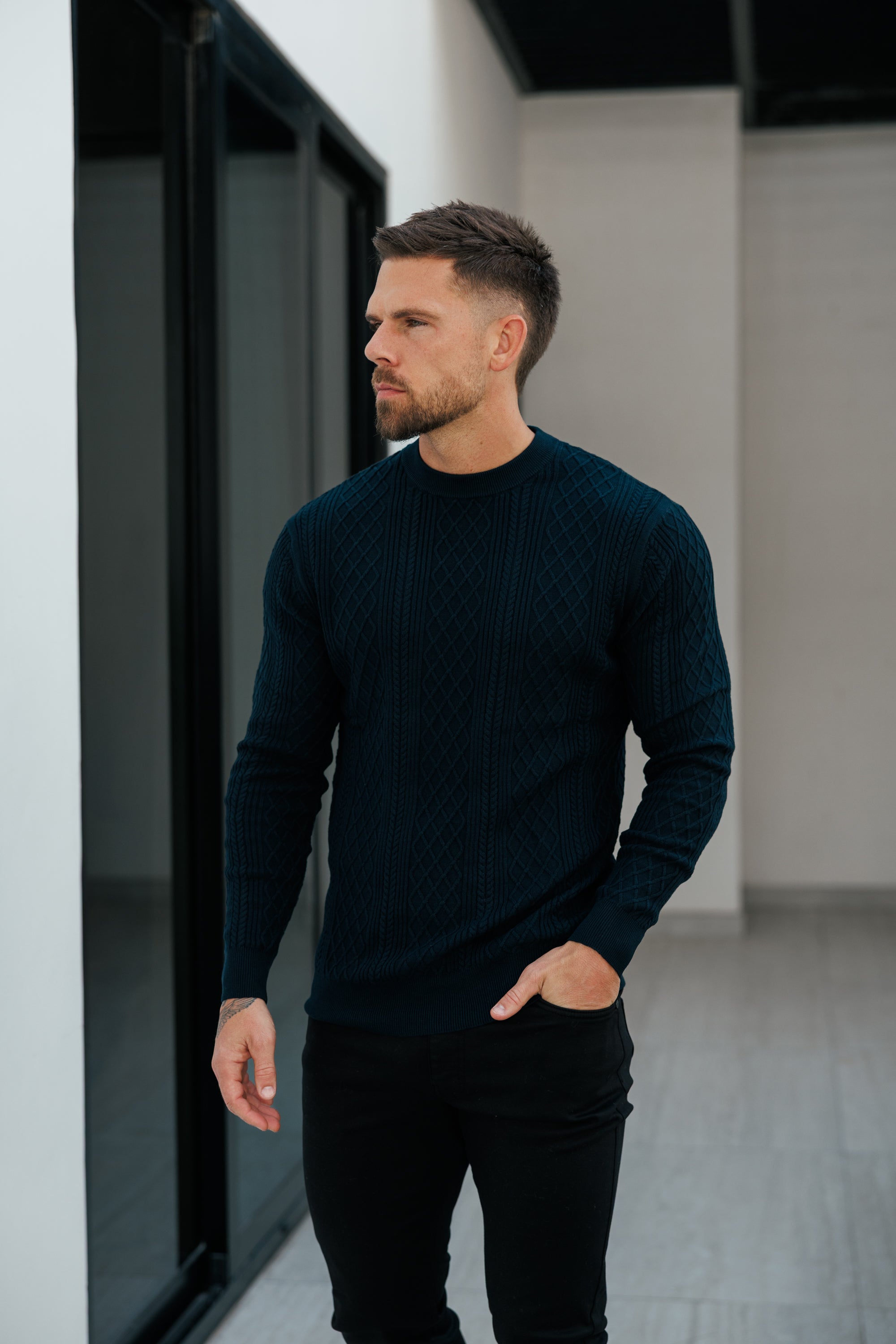 Fine Knit Diamond Navy Jumper Long Sleeve - FSA007