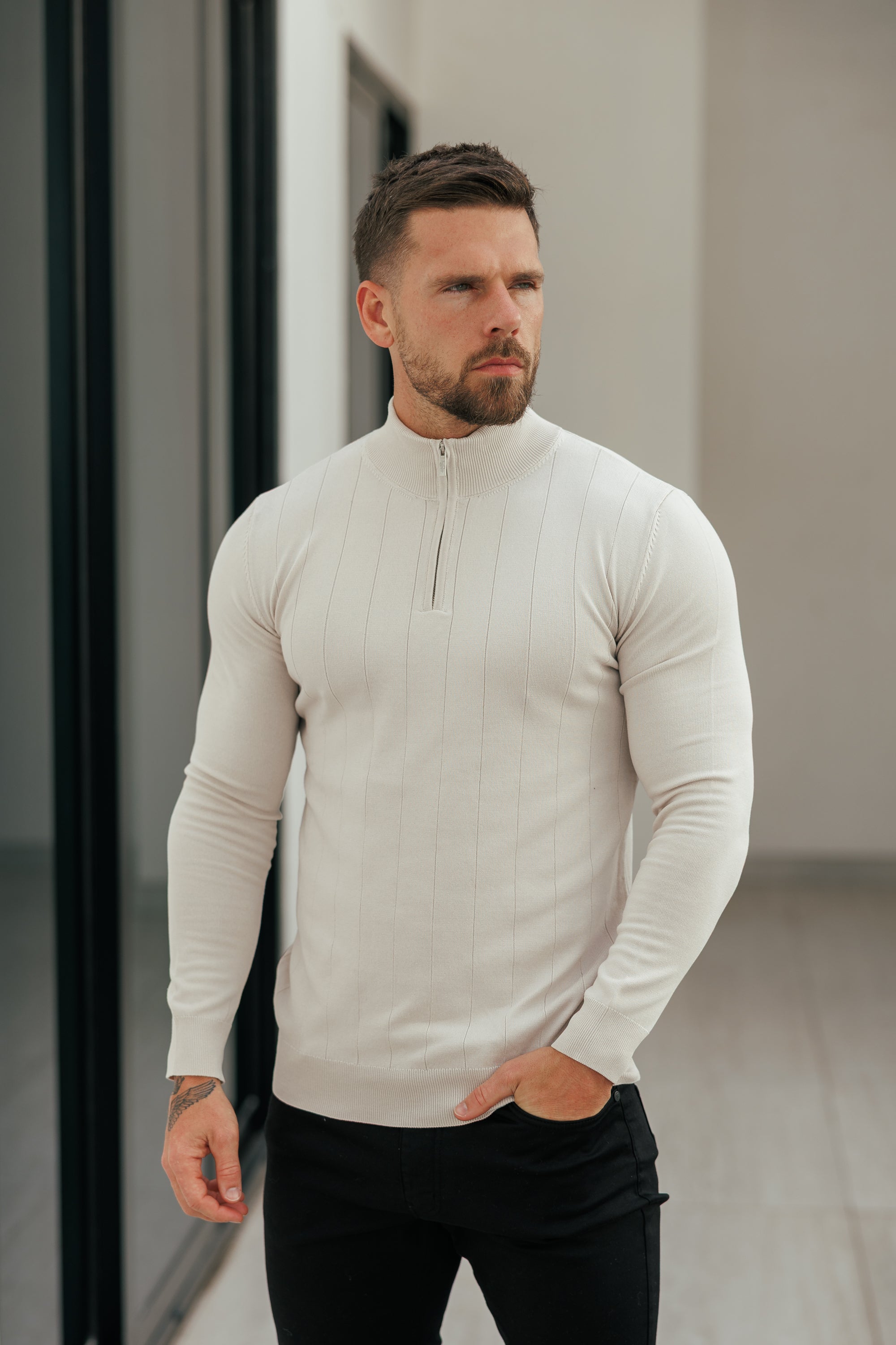 Self Stripe 1/4 Zip Funnel Neck Knit Jumper Cream Long Sleeve - FSR052