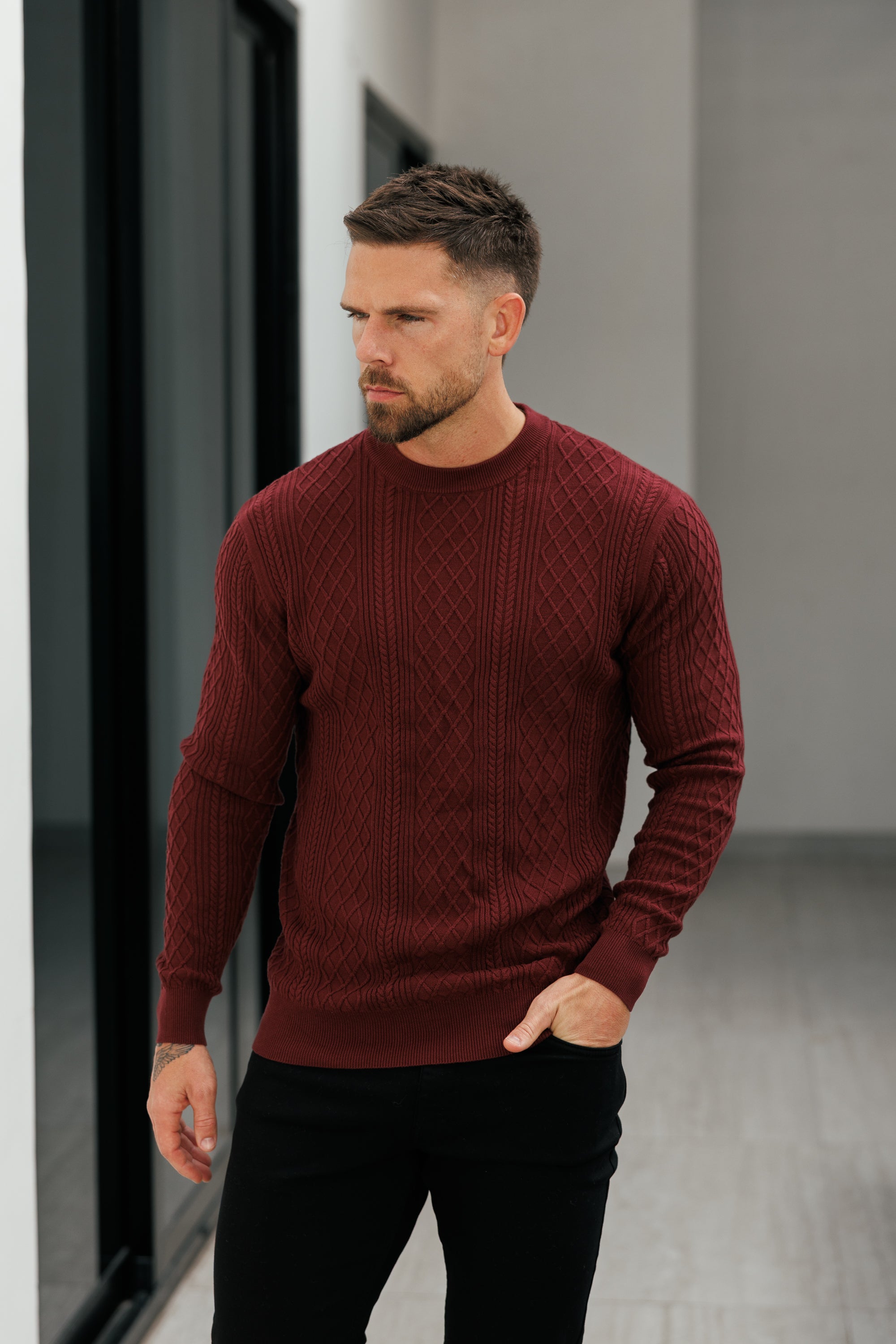 Fine Knit Diamond Burgundy Jumper Long Sleeve - FSA008