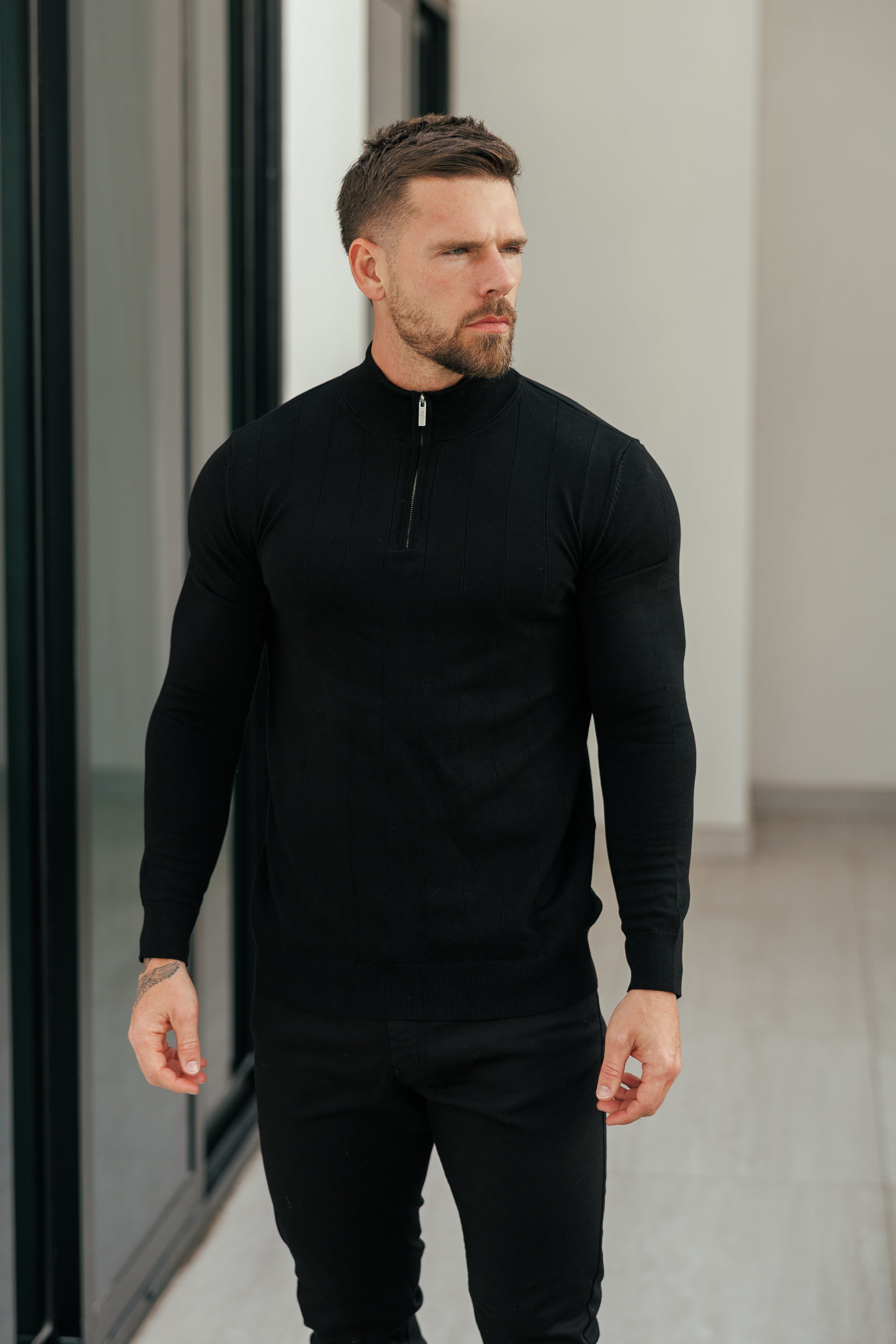 Self Stripe 1/4 Zip Funnel Neck Knit Jumper Black Long Sleeve - FSR050