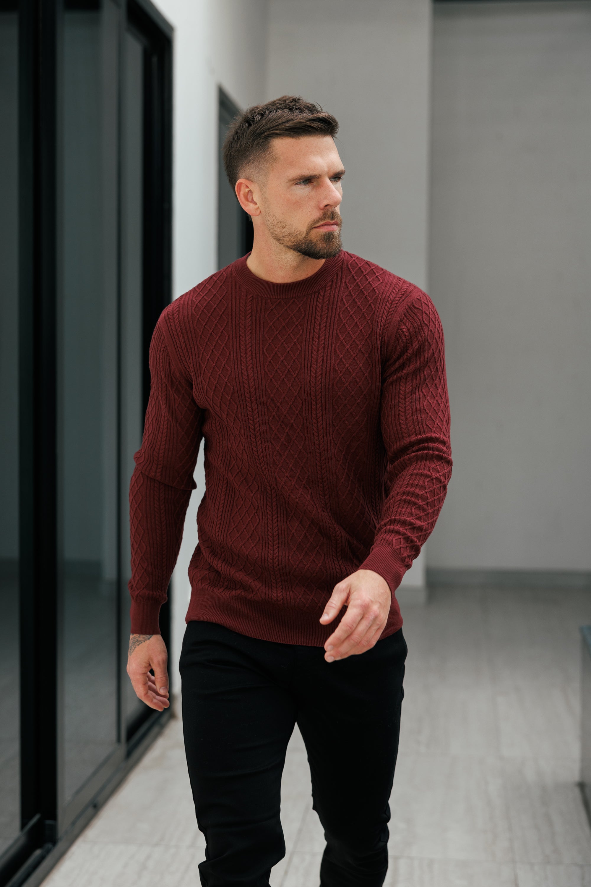 Fine Knit Diamond Burgundy Jumper Long Sleeve - FSA008
