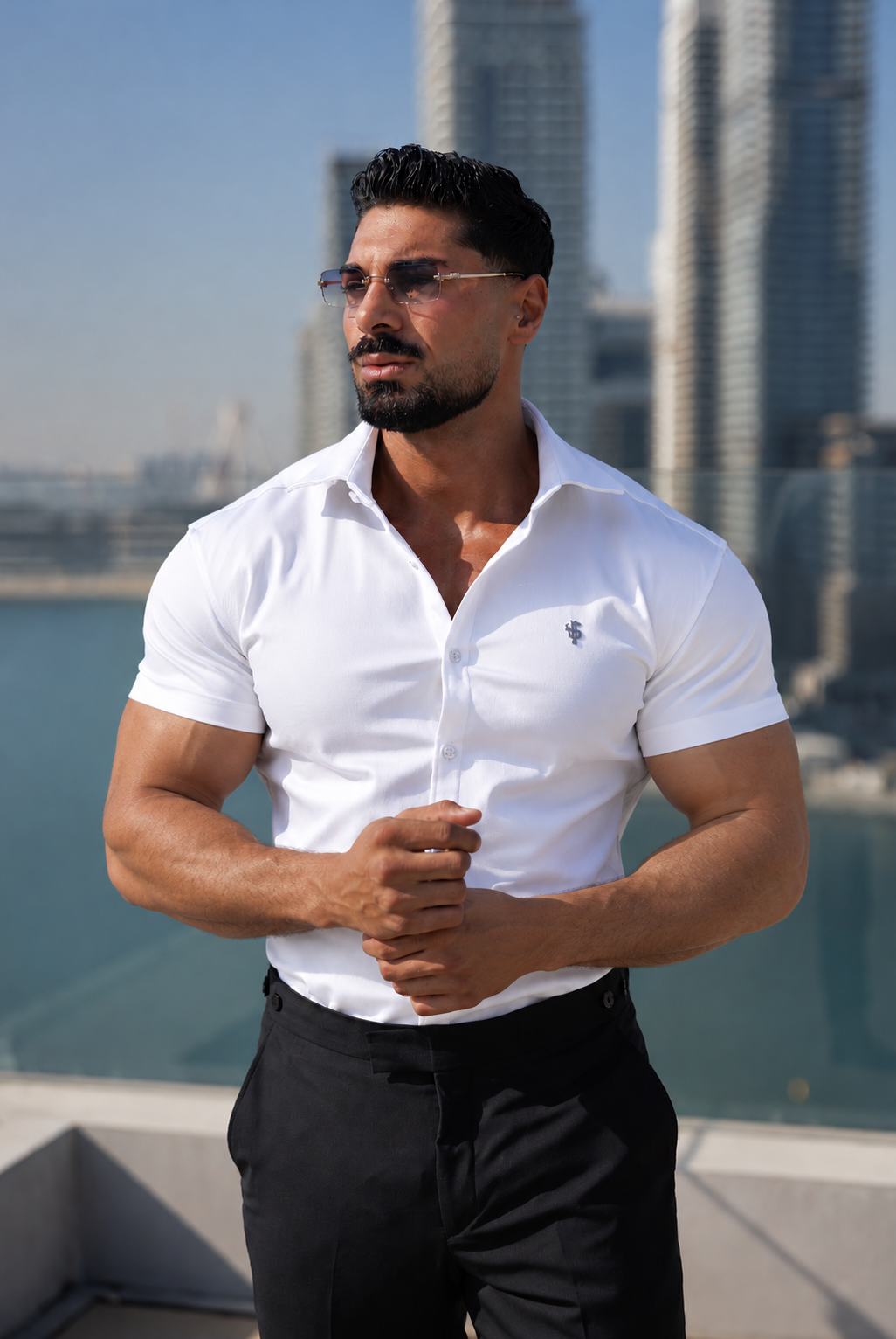 Super Slim Stretch White Denim Short Sleeve with Silver Metal Decal and Cutaway Collar - FS1300