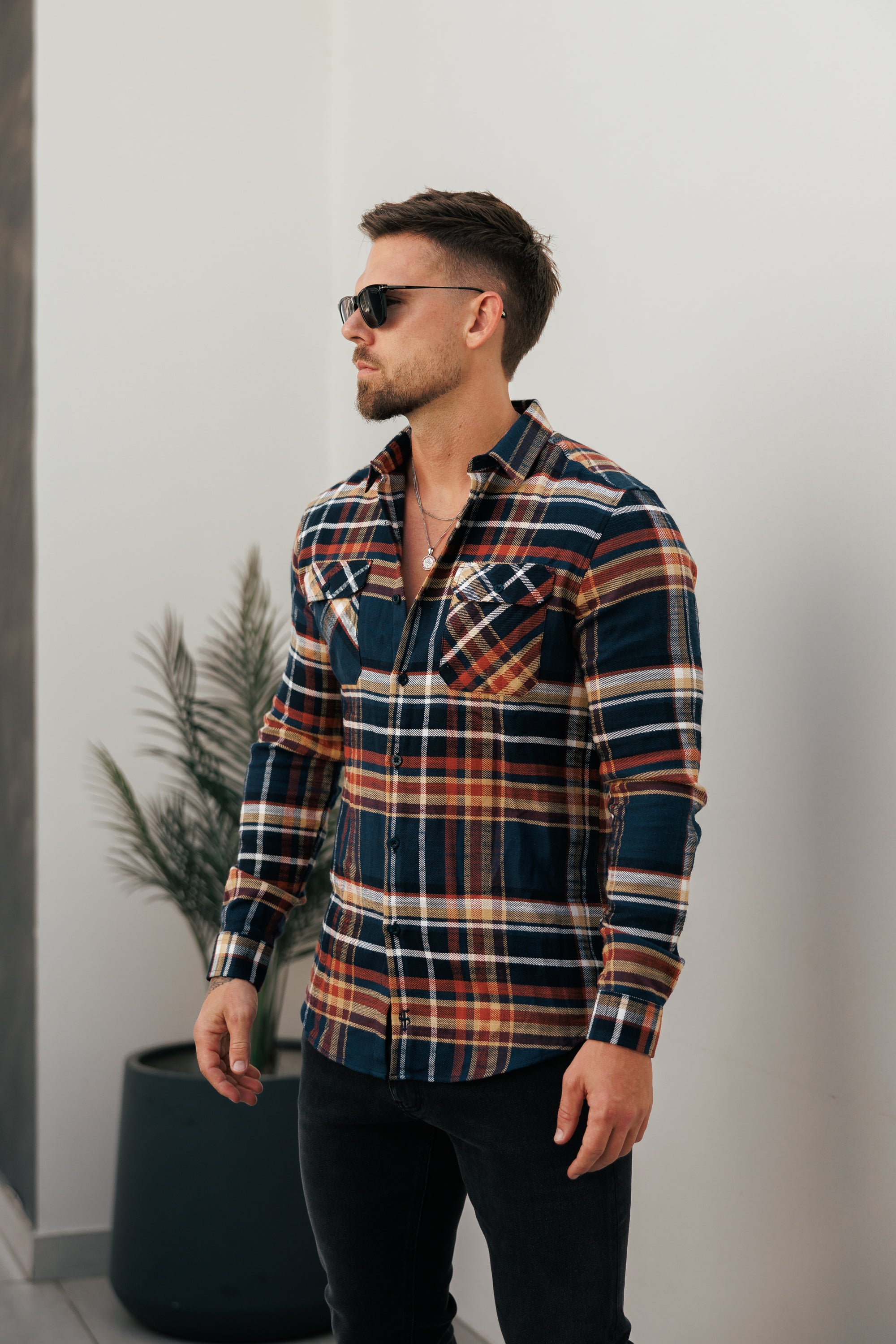 Navy / Tan Check Shacket With Double Pockets - FS1197