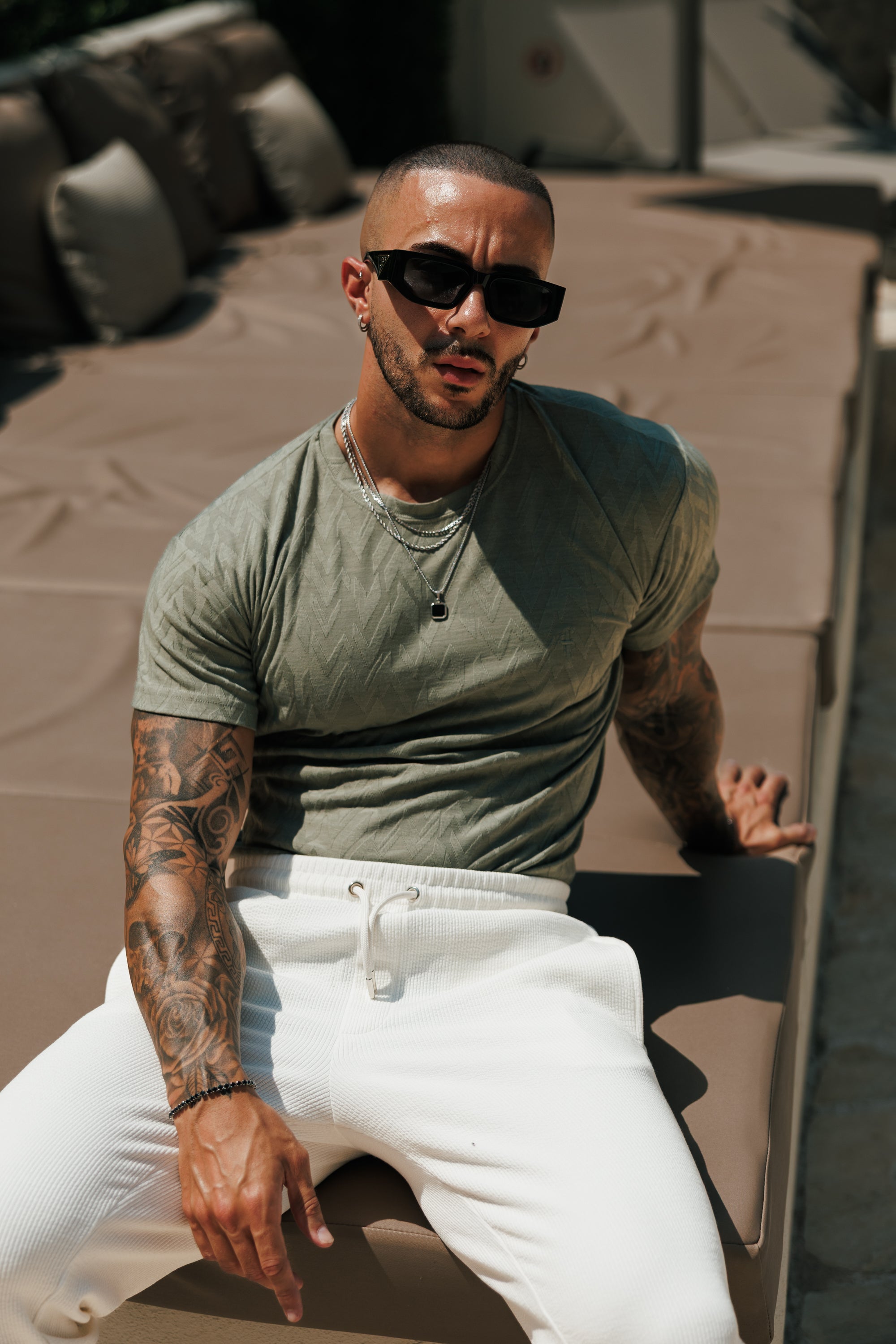 Regular Fit Jacquard Olive Chevron T-Shirt - FSR065