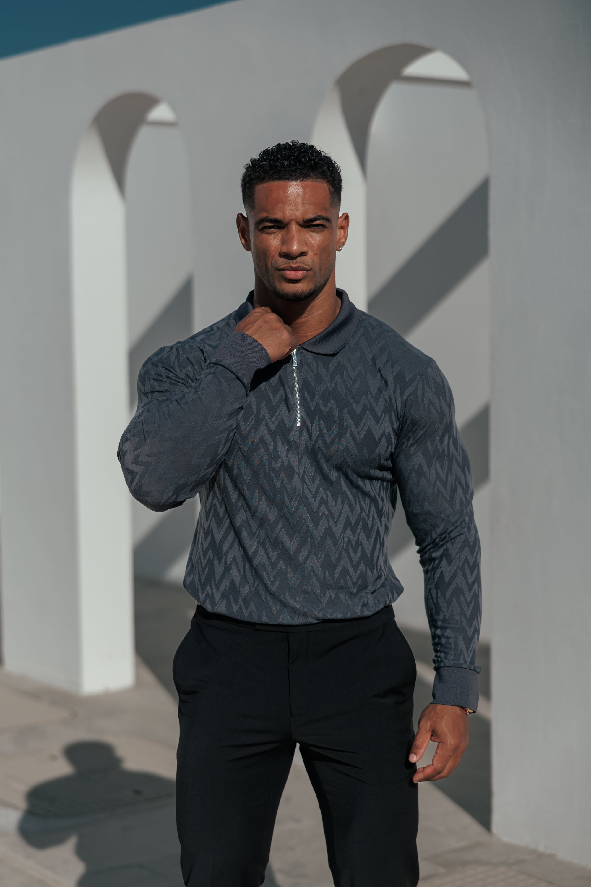 Classic Jacquard Charcoal Chevron Zipped Polo Long Sleeve - FSR044