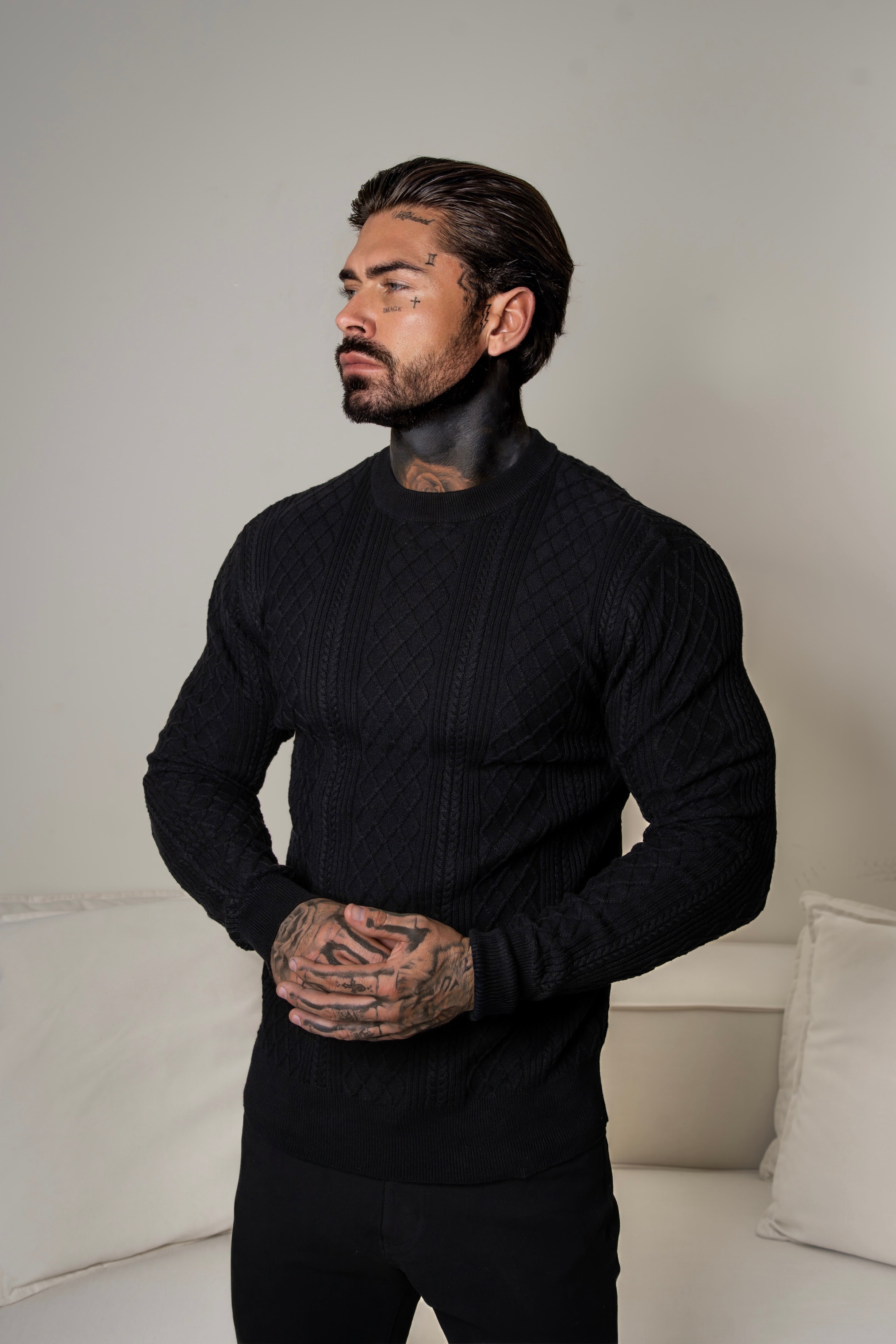 Fine Knit Diamond Black Jumper Long Sleeve - FSA006