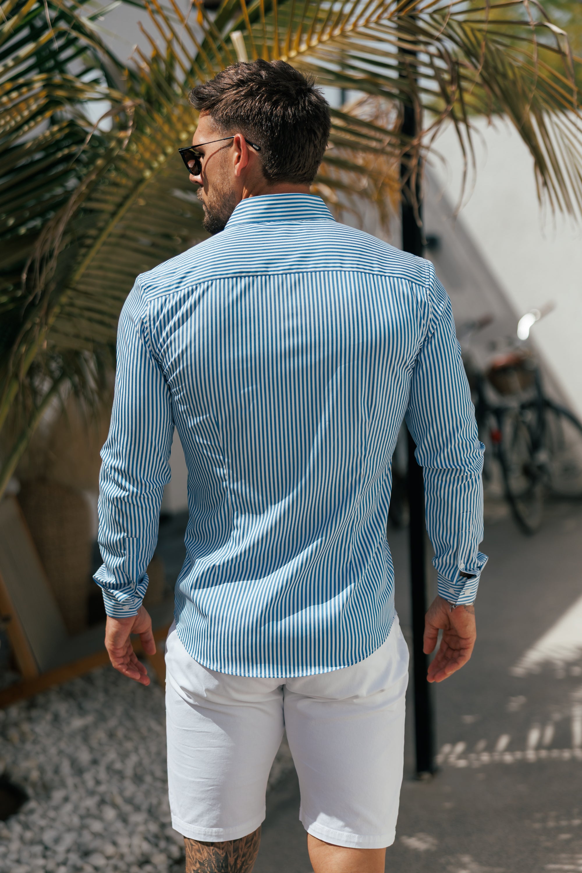 Super Slim Stretch Sateen Touch White / Blue Single Stripe Long Sleeve - FS1261 (PRE ORDER 28TH AUGUST)