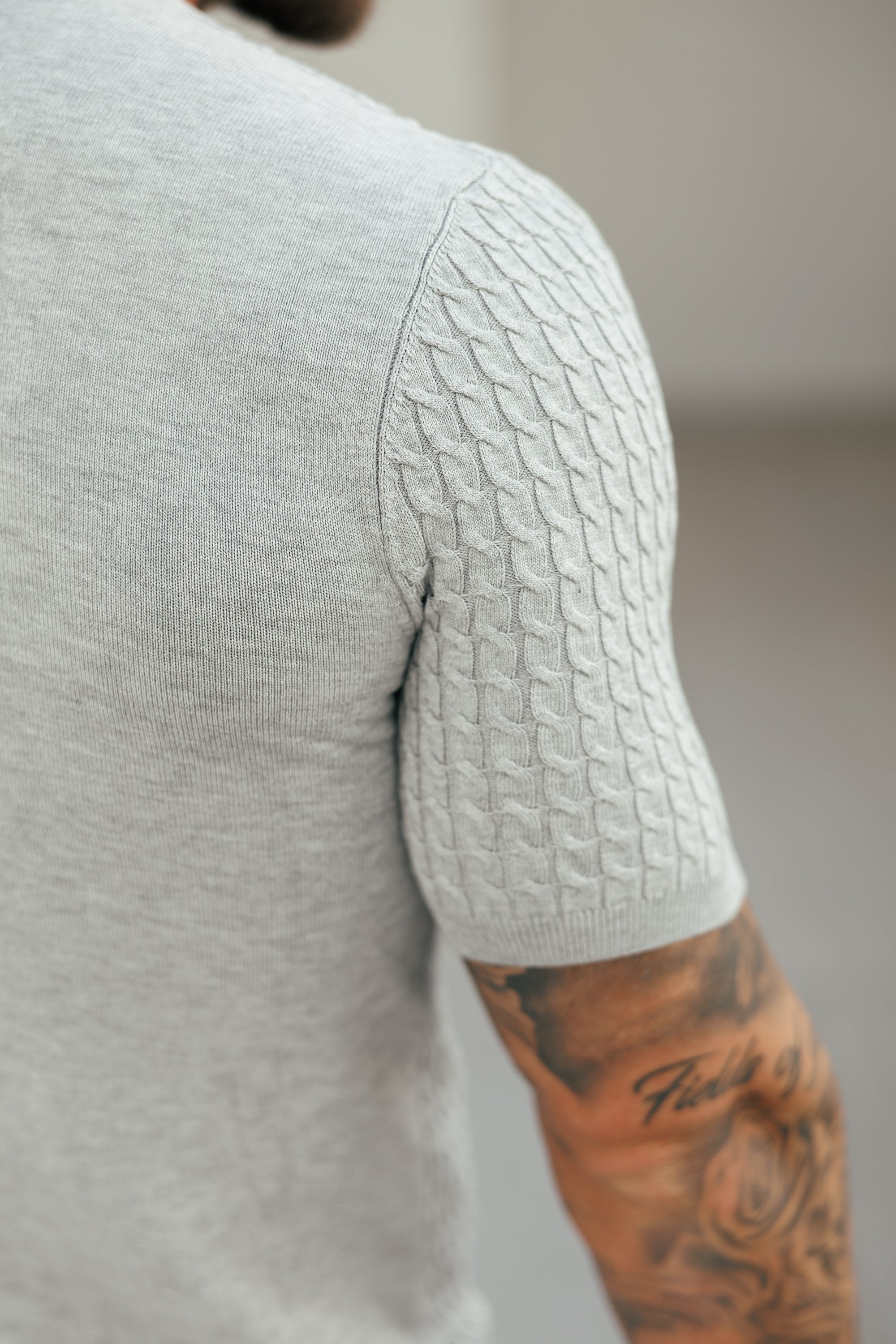 Front Chain Knit Crew Tshirt Silver Grey Short Sleeve - FSR056