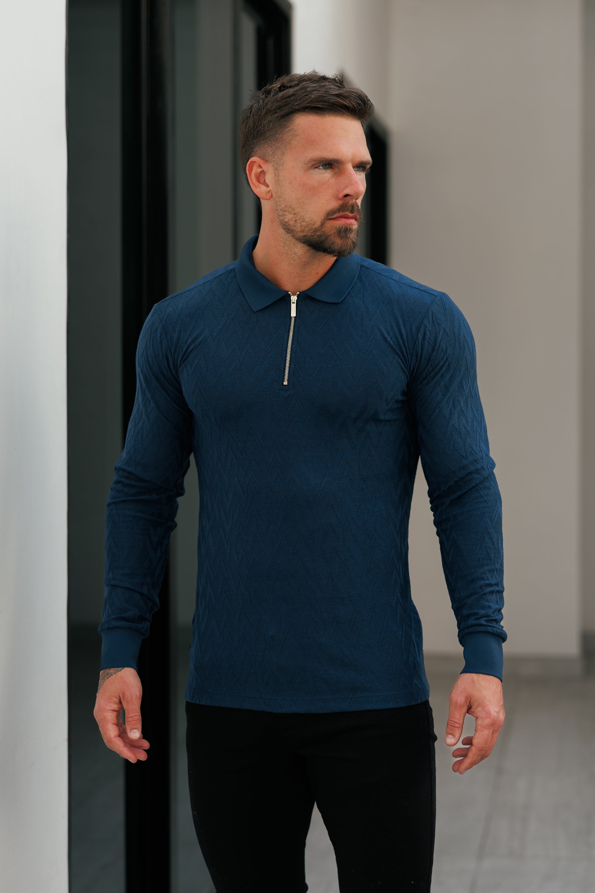 Classic Jacquard Navy Chevron Zipped Polo Long Sleeve - FSR045
