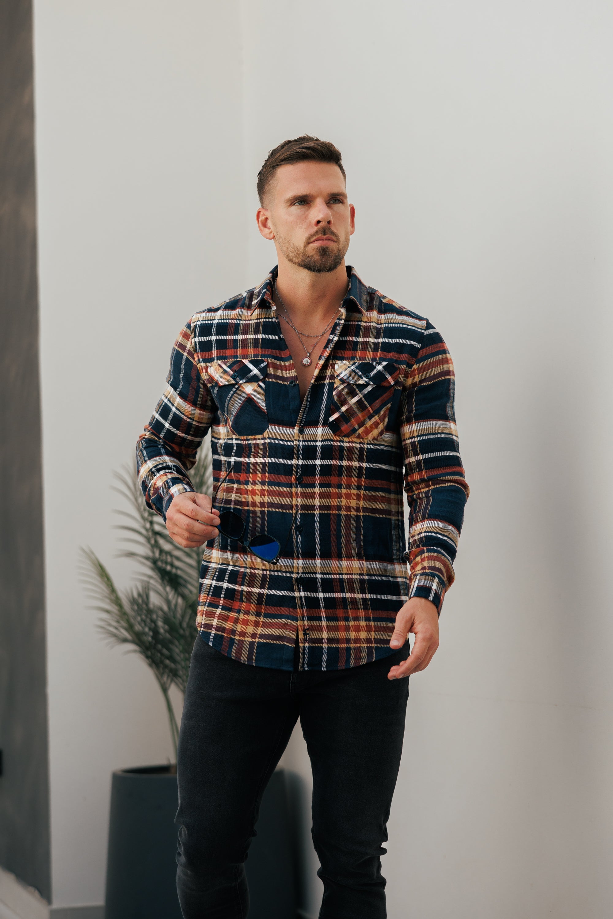 Navy / Tan Check Shacket With Double Pockets - FS1197