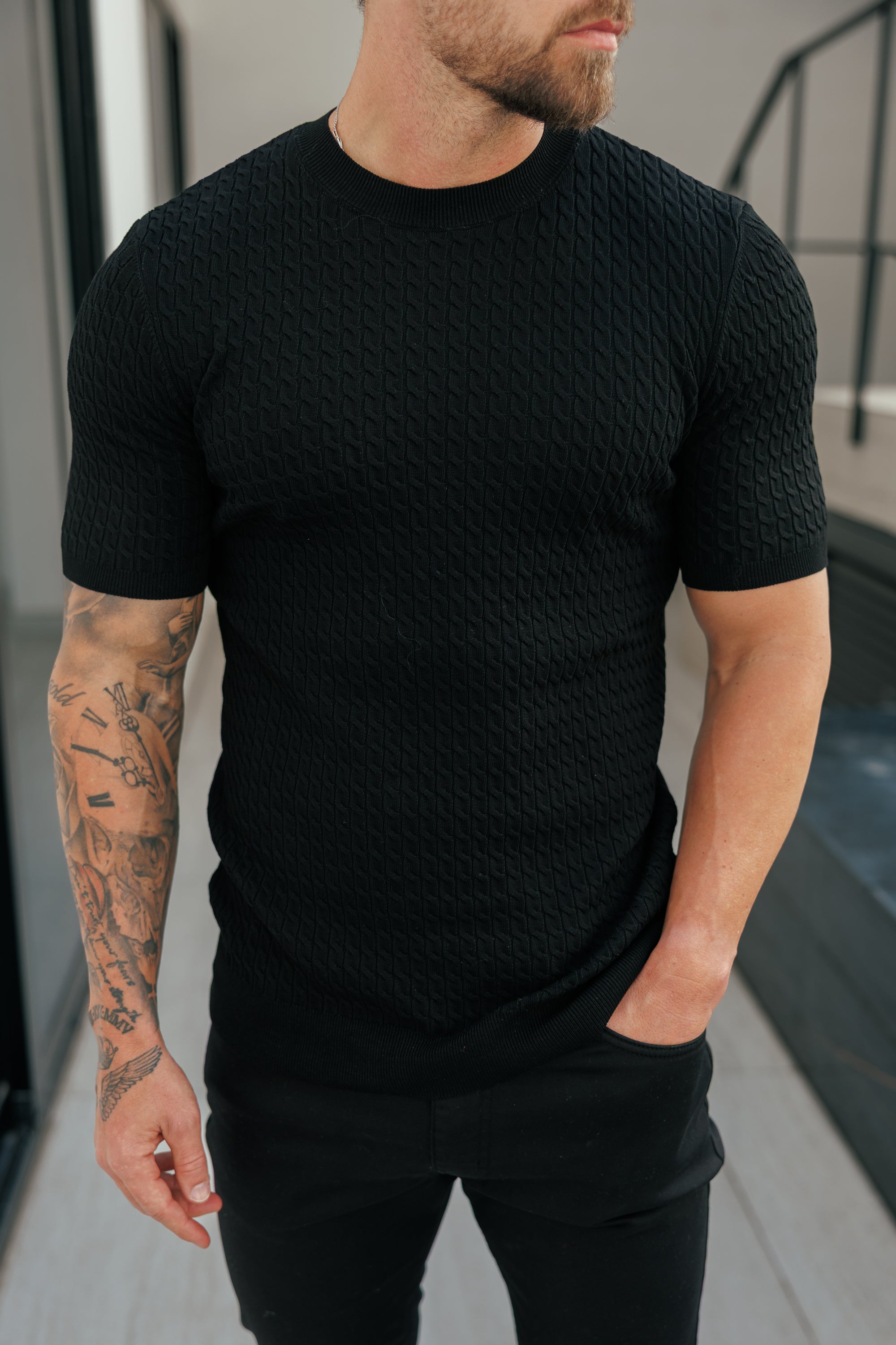 Front Chain Knit Crew Tshirt Black Short Sleeve - FSR055