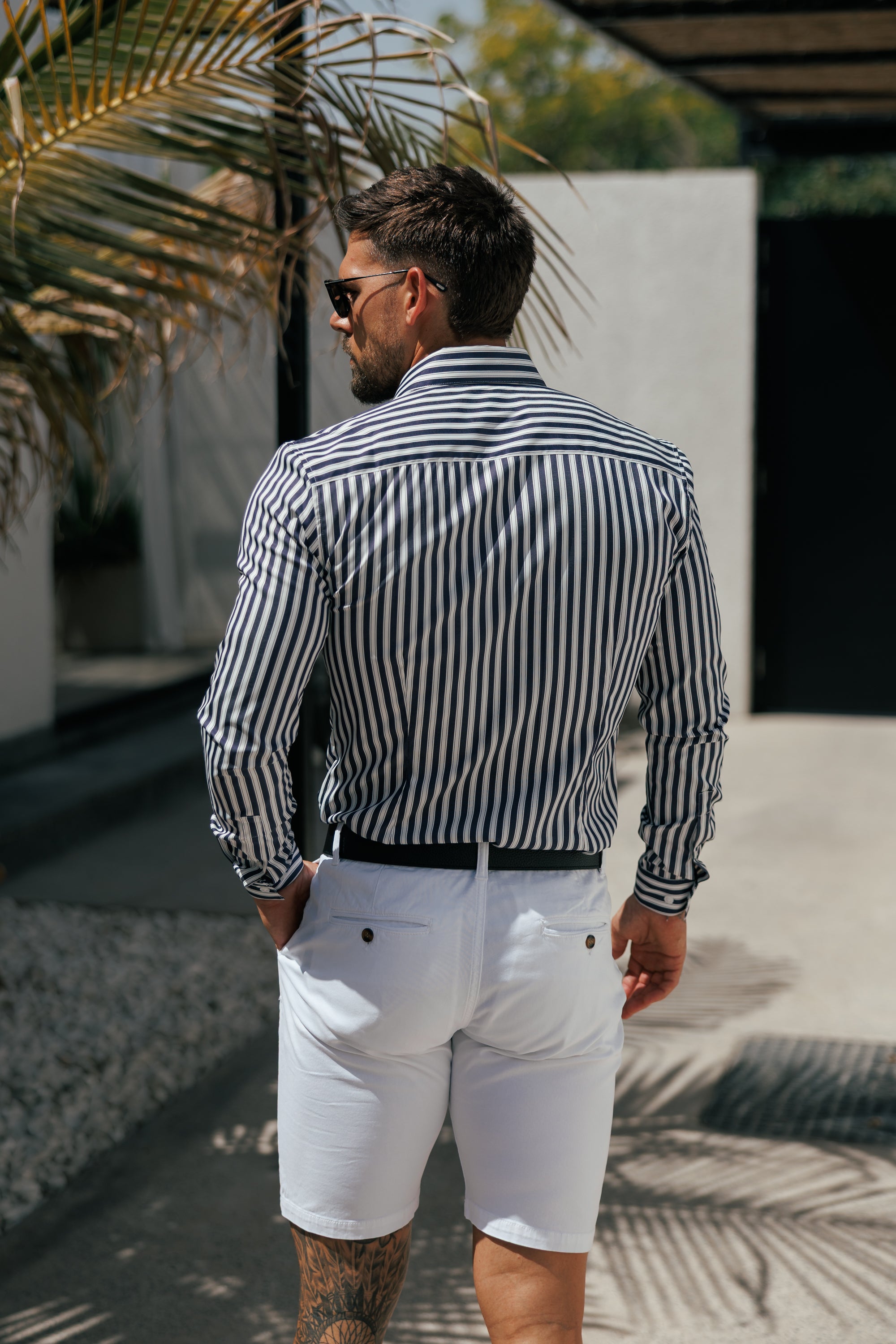 Super Slim Stretch Sateen Touch White / Navy Double Stripe Long Sleeve - FS1287 (PRE ORDER 28TH AUGUST)