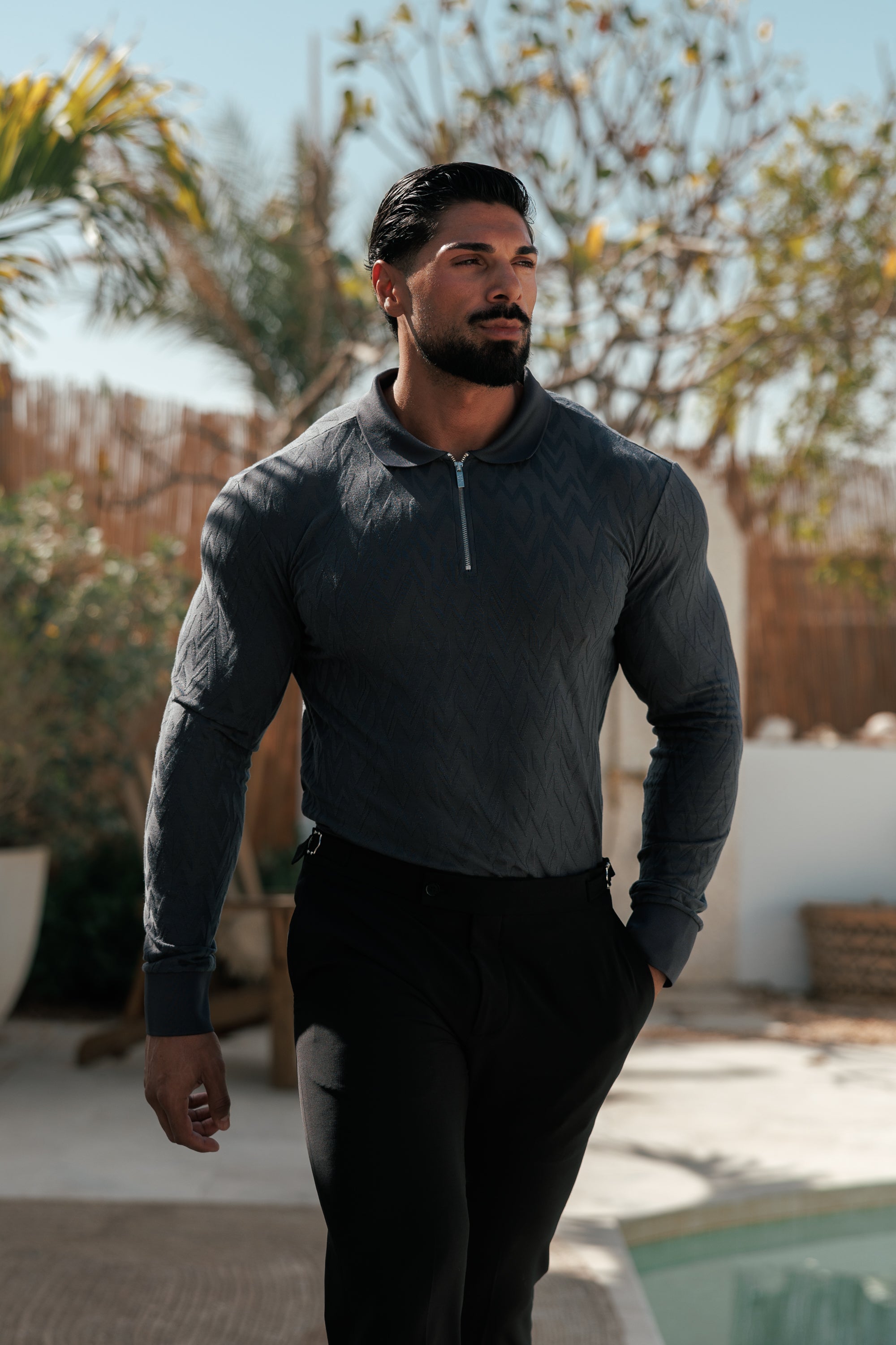 Classic Jacquard Charcoal Chevron Zipped Polo Long Sleeve - FSR044