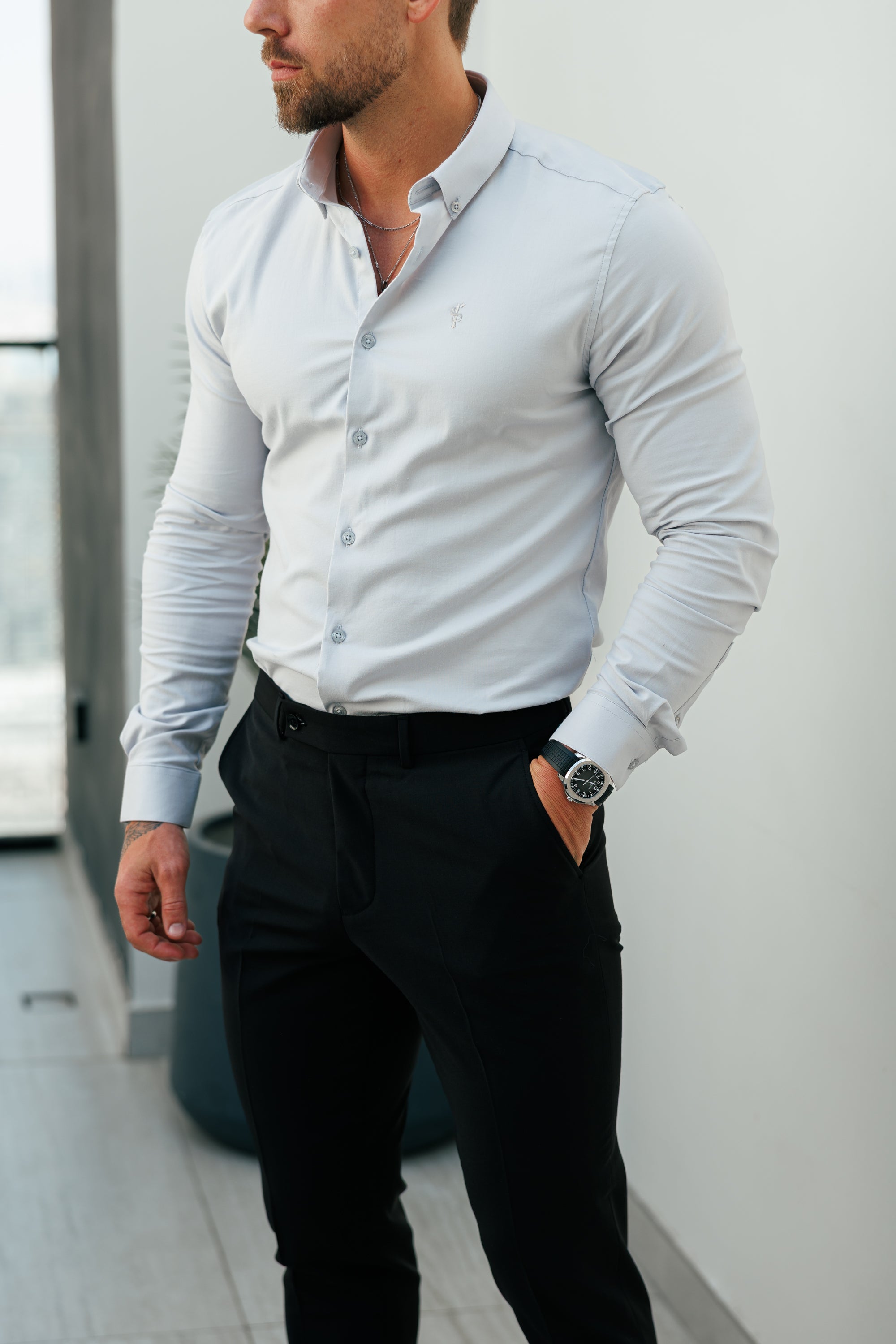 Classic Stretch Oxford Long Sleeve Light Grey with Button Down Collar - FS1220