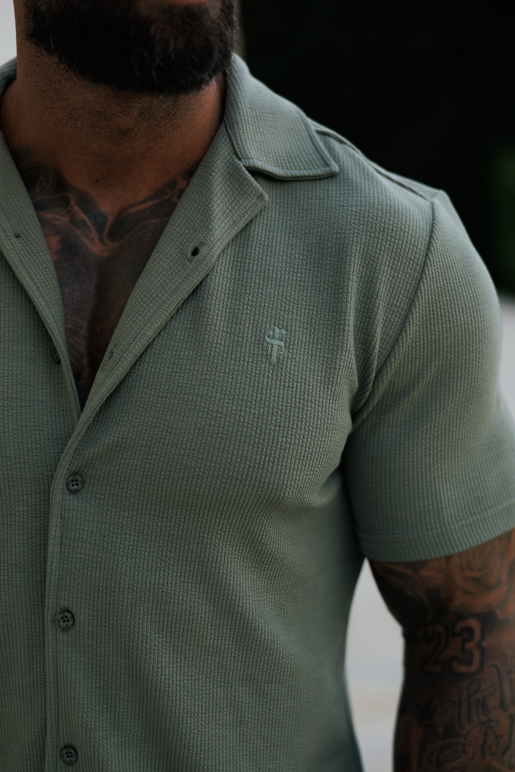 Jersey Cord Stretch Olive Revere Shirt Short Sleeve - FSR072 (PRE ORDER 30TH JUNE)