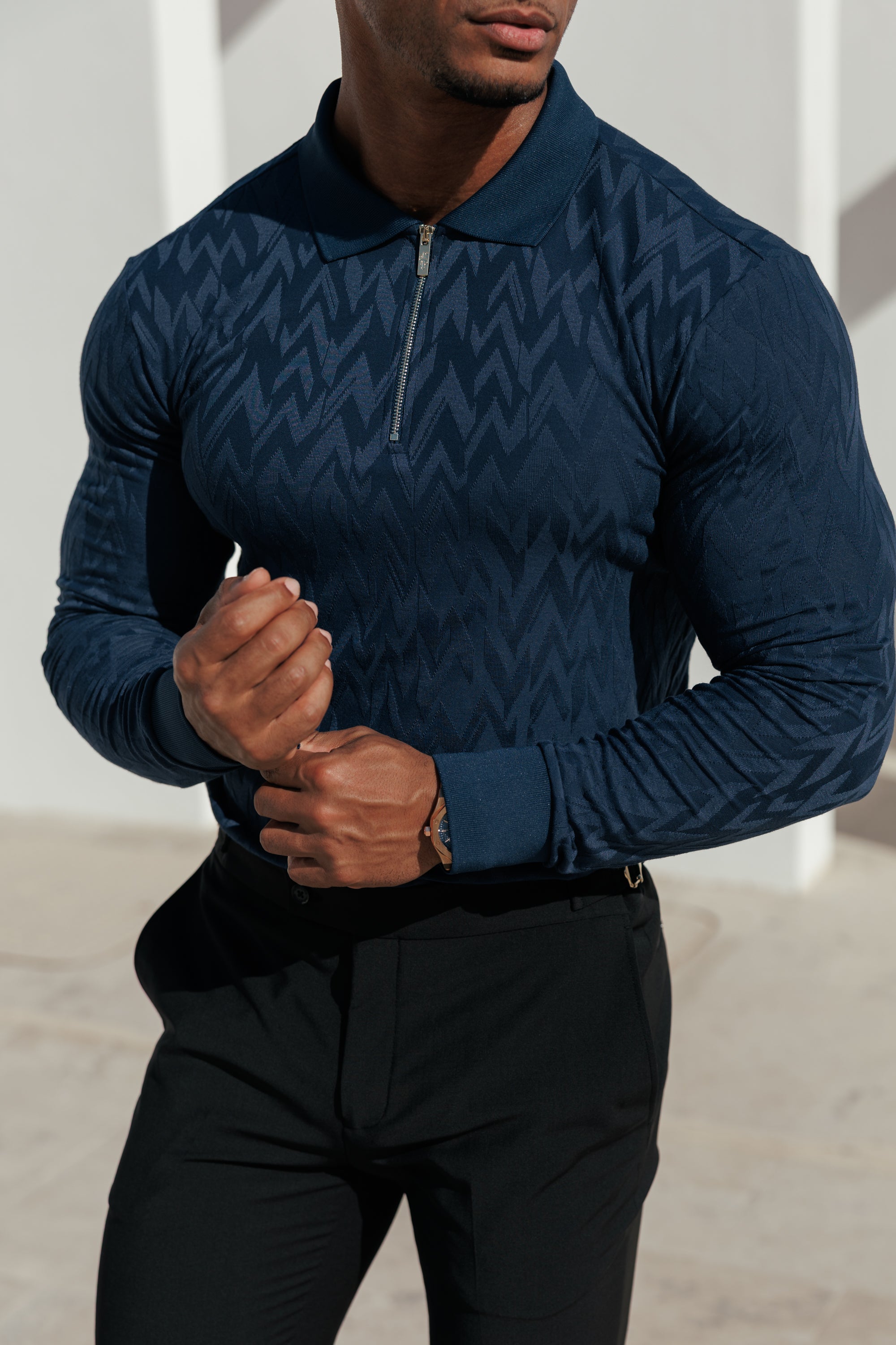Classic Jacquard Navy Chevron Zipped Polo Long Sleeve - FSR045