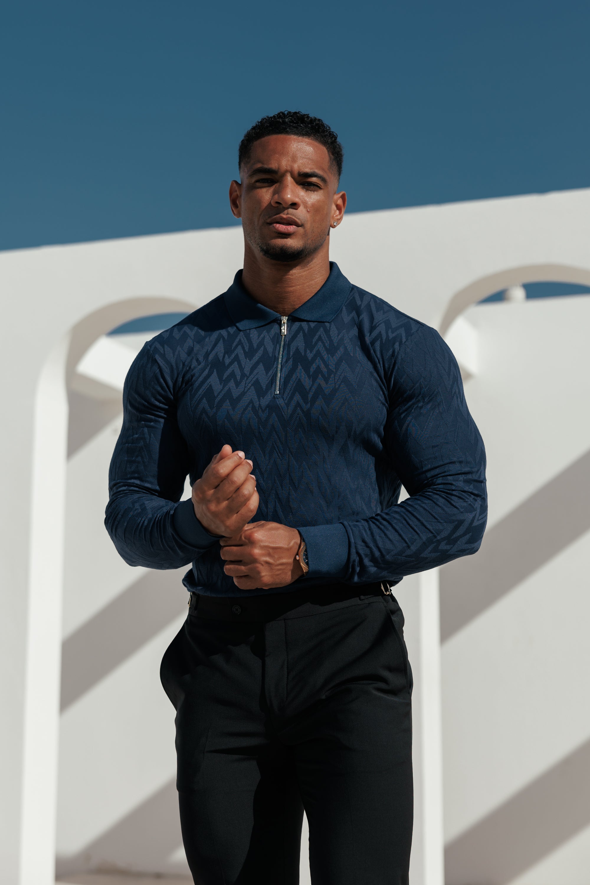 Classic Jacquard Navy Chevron Zipped Polo Long Sleeve - FSR045