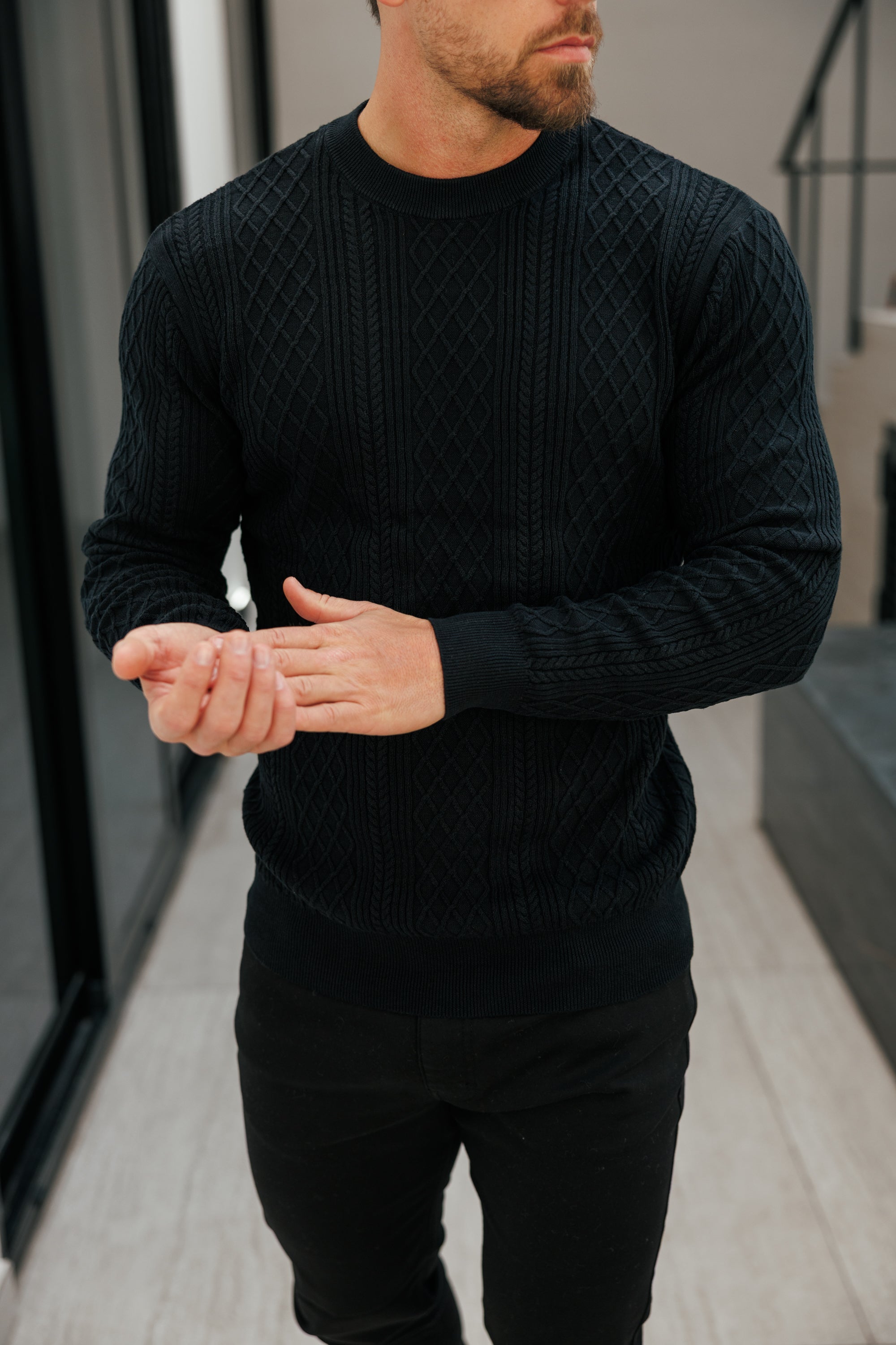 Fine Knit Diamond Black Jumper Long Sleeve - FSA006