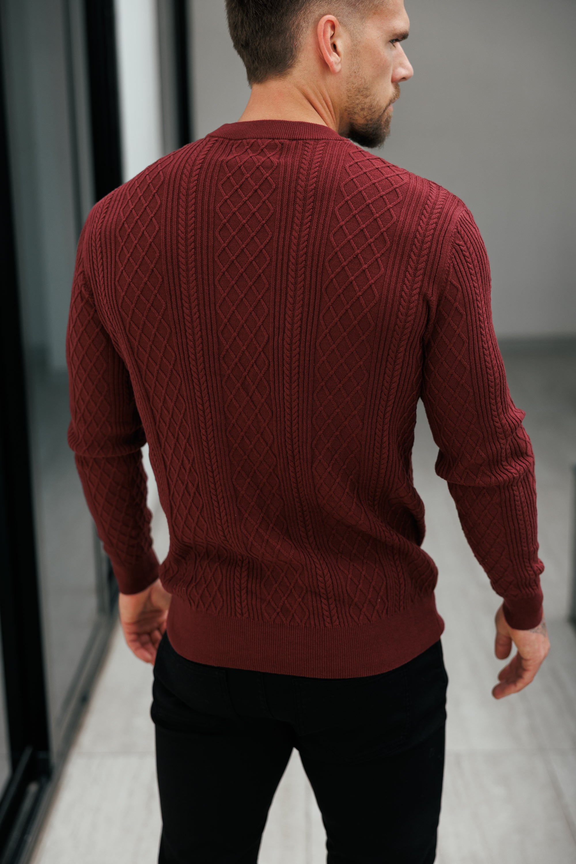 Fine Knit Diamond Burgundy Jumper Long Sleeve - FSA008