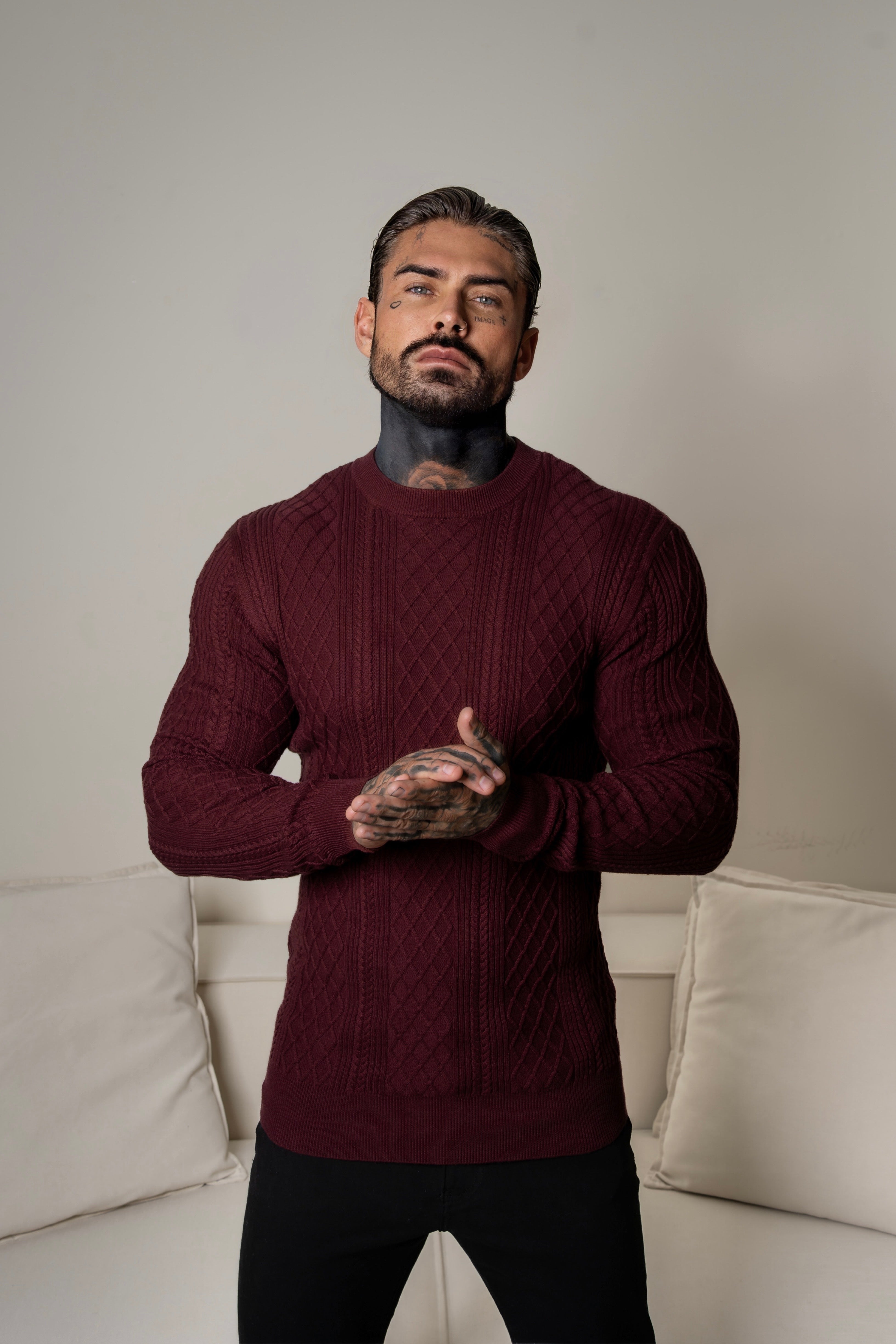 Fine Knit Diamond Burgundy Jumper Long Sleeve - FSA008
