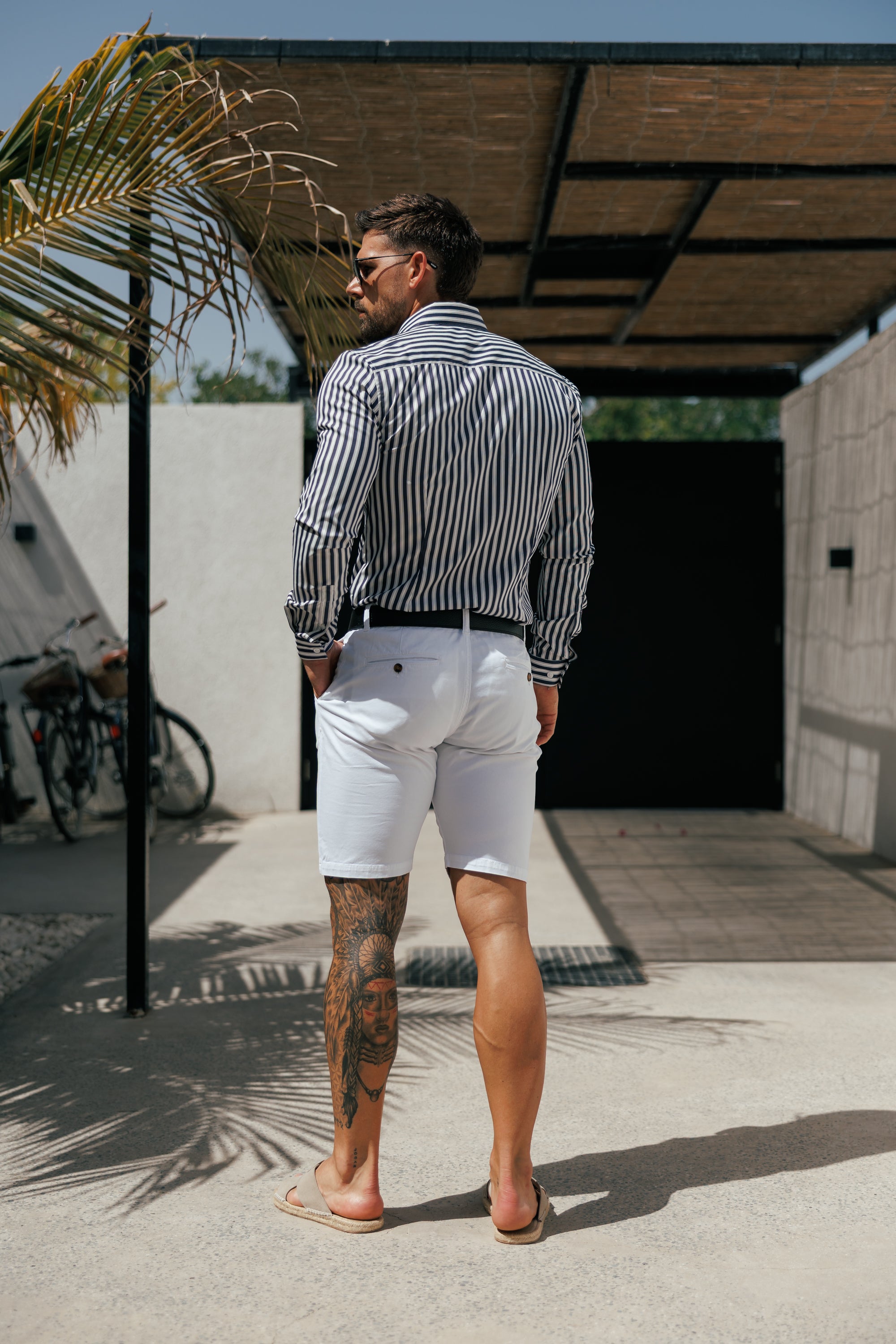 Super Slim Stretch Sateen Touch White / Navy Double Stripe Long Sleeve - FS1287 (PRE ORDER 28TH AUGUST)