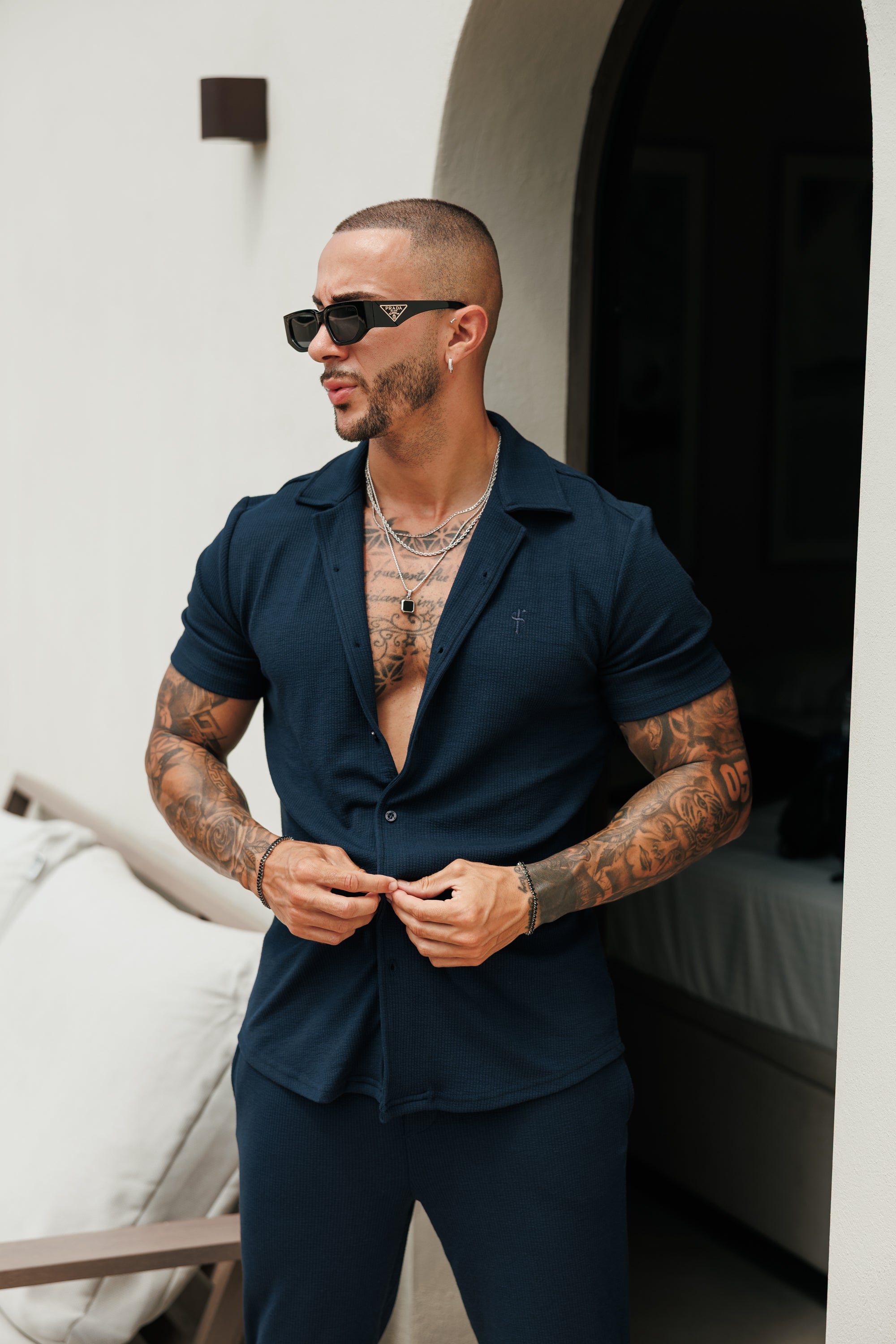 Jersey Cord Stretch Navy Revere Shirt Short Sleeve - FSR071 (PRE ORDER 18TH JULY)