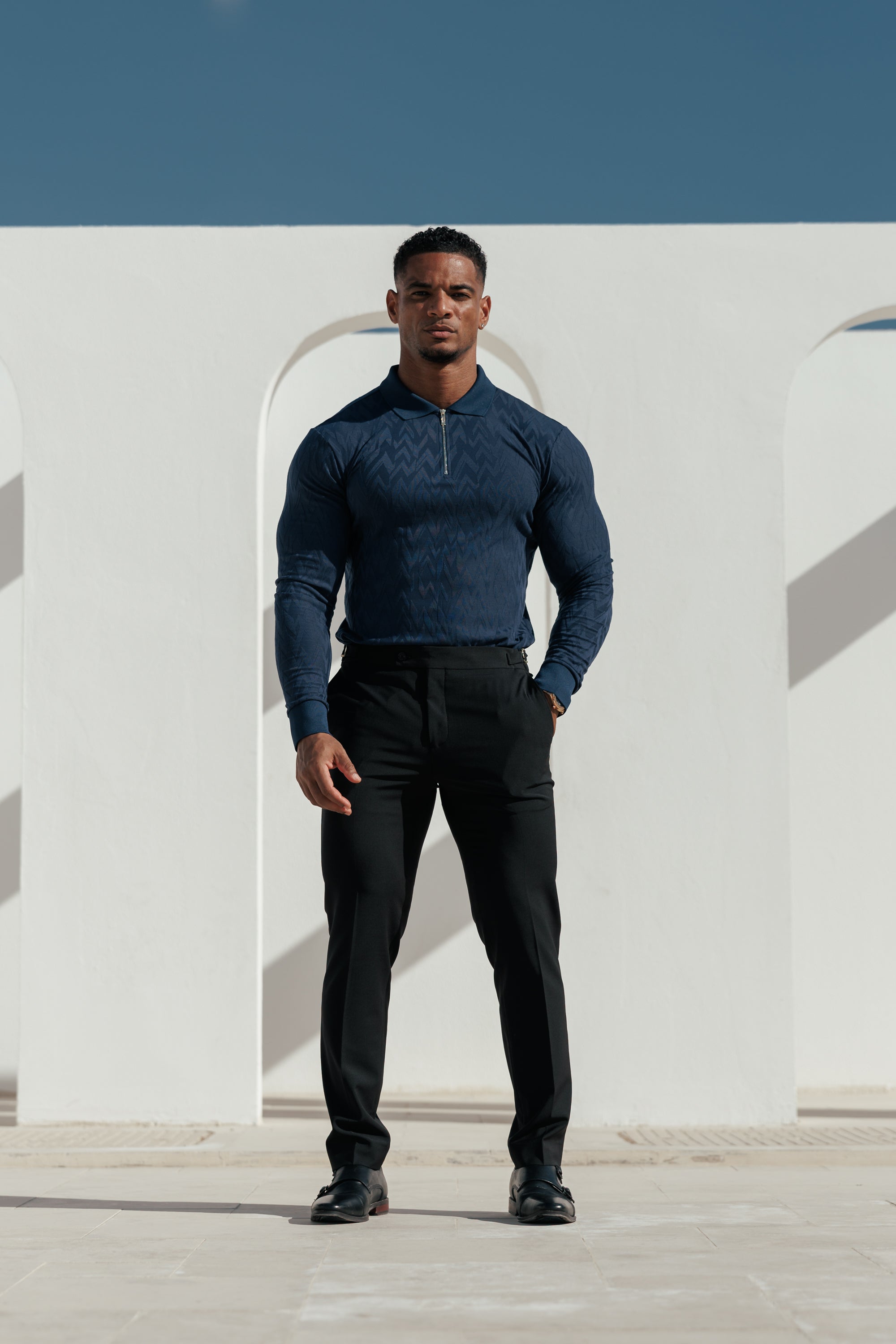 Classic Jacquard Navy Chevron Zipped Polo Long Sleeve - FSR045