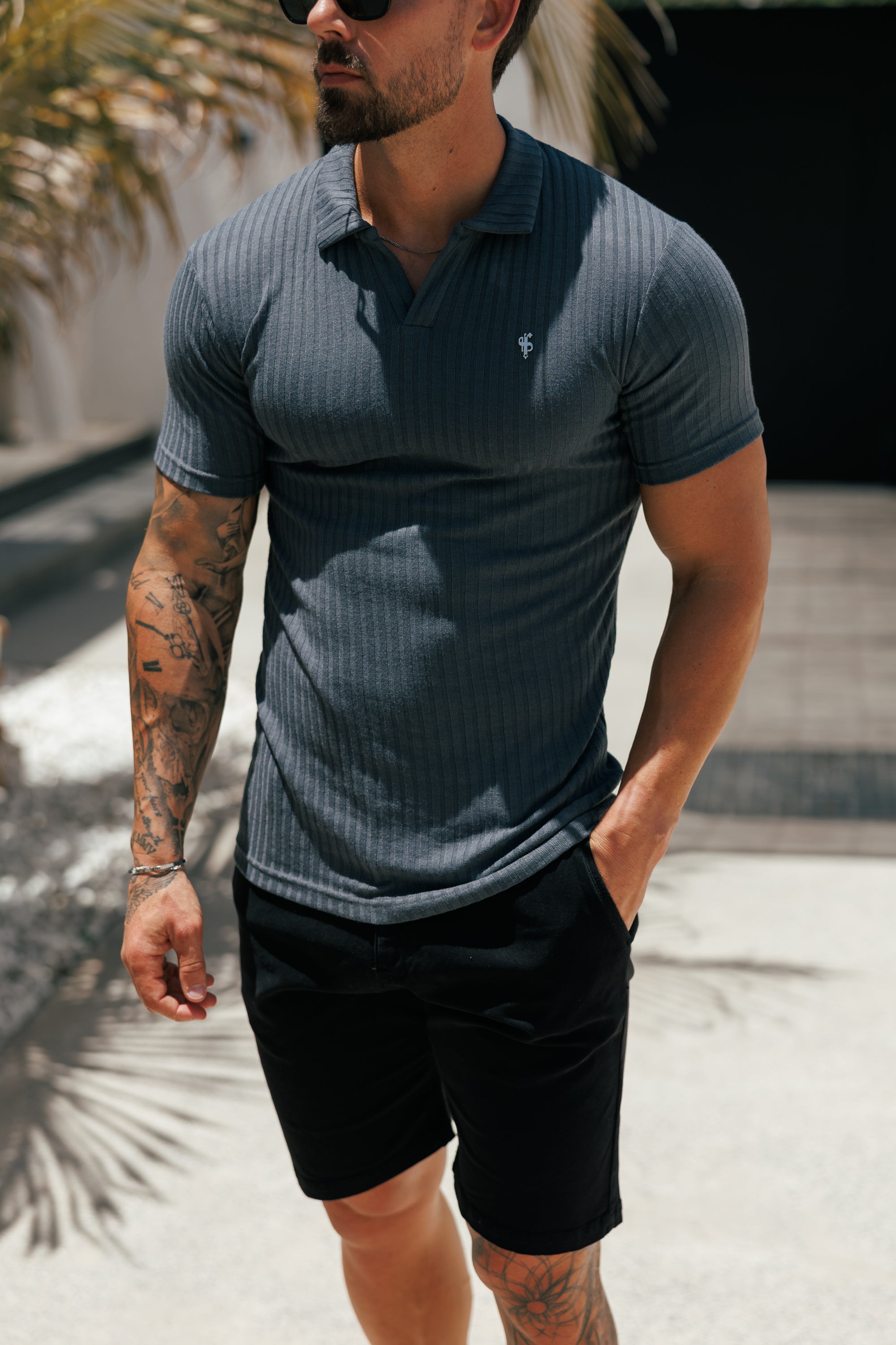Charcoal / Silver Ribbed Revere Short Sleeve Polo Shirt - FSH1463 (PRE ORDER 16TH JUNE)