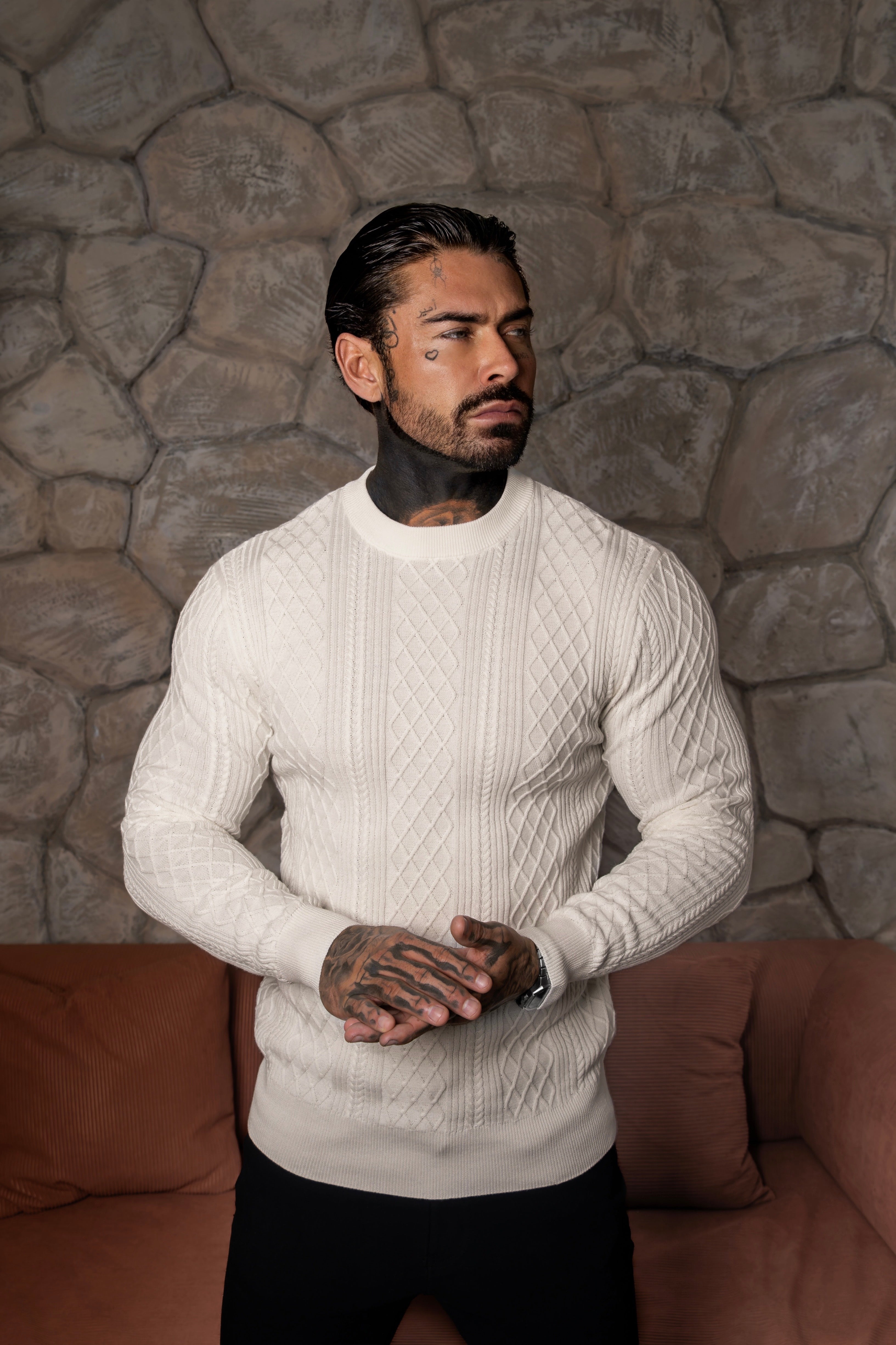 Fine Knit Diamond Off White Jumper Long Sleeve - FSA005