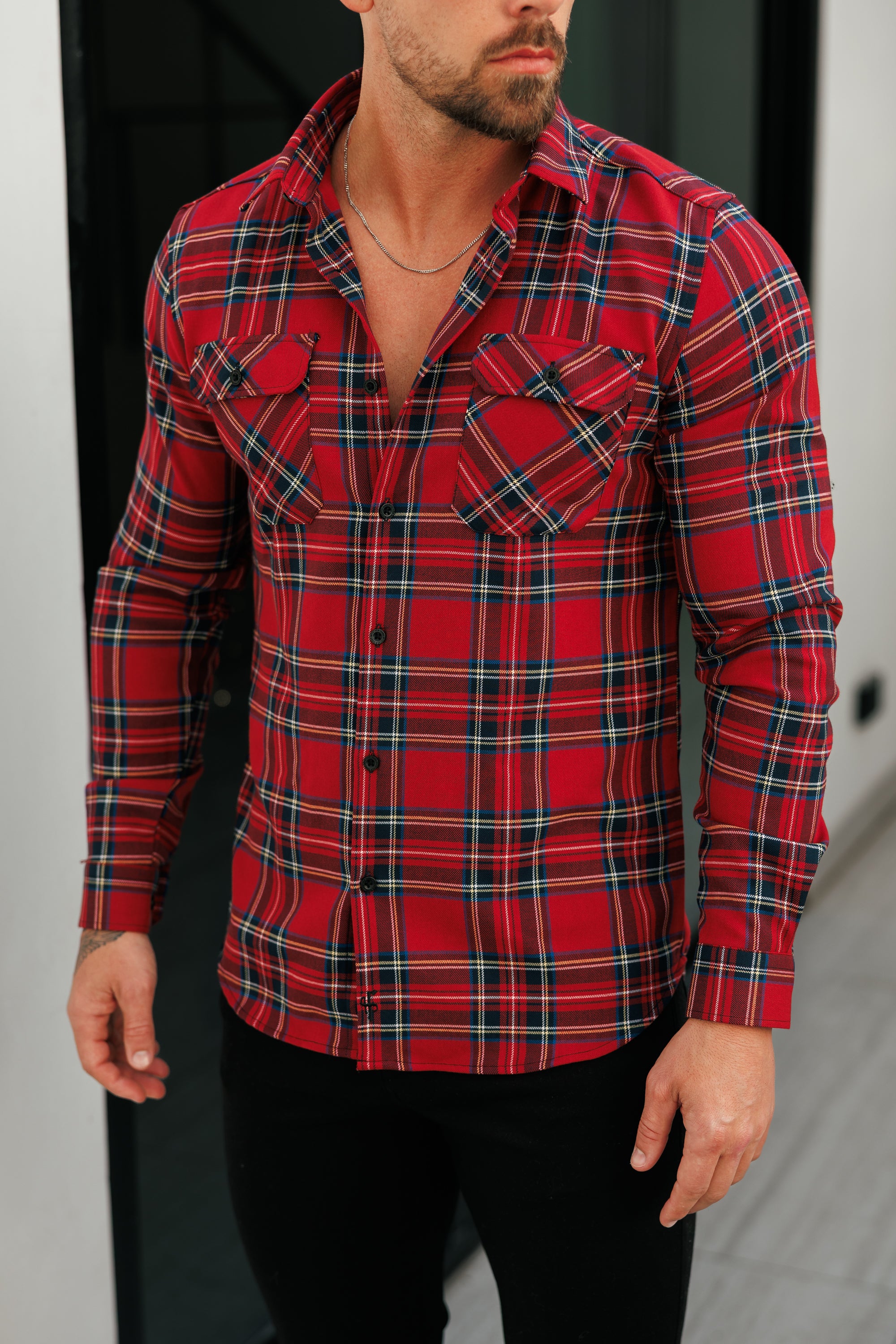 Red Tartan Check Shacket With Double Pockets - FS1036