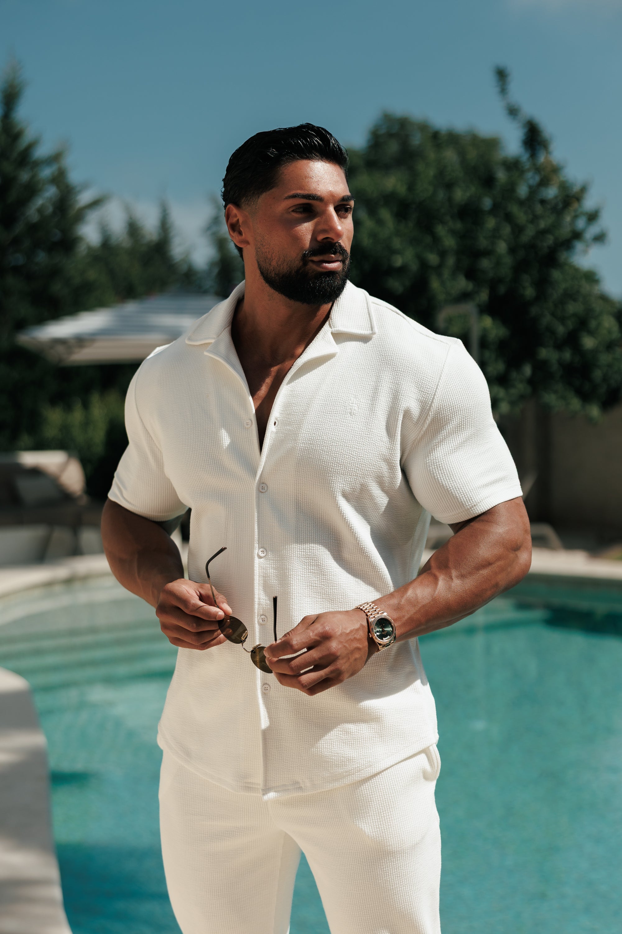 Jersey Cord Stretch White Revere Shirt Short Sleeve - FSR069 (PRE ORDER 18TH JULY)
