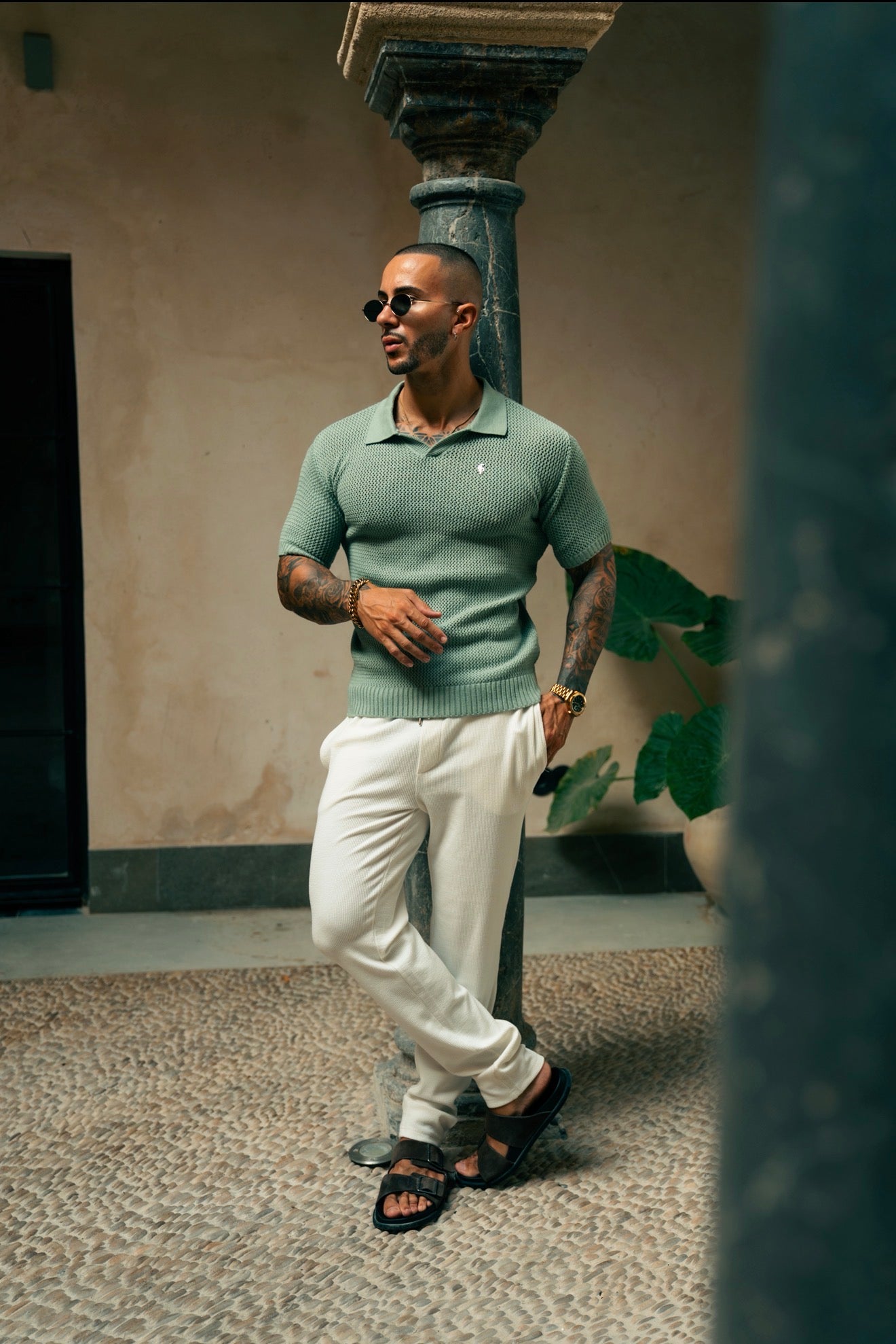 Light Green / Gold Plain Crochet Knitted Revere Short Sleeve Polo - FSJ180 (PRE ORDER 29TH AUGUST)