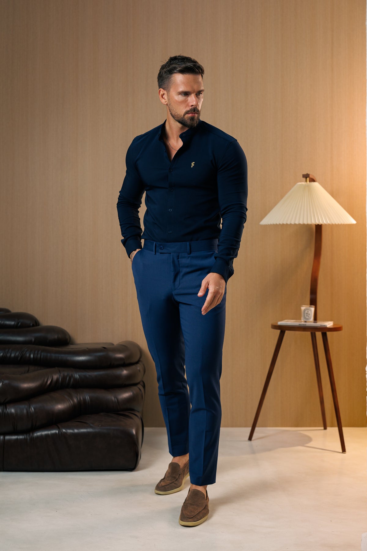 Super Slim Scuba Navy Long Sleeve Stretch With Grandad Collar With Gold Decal - FS1265